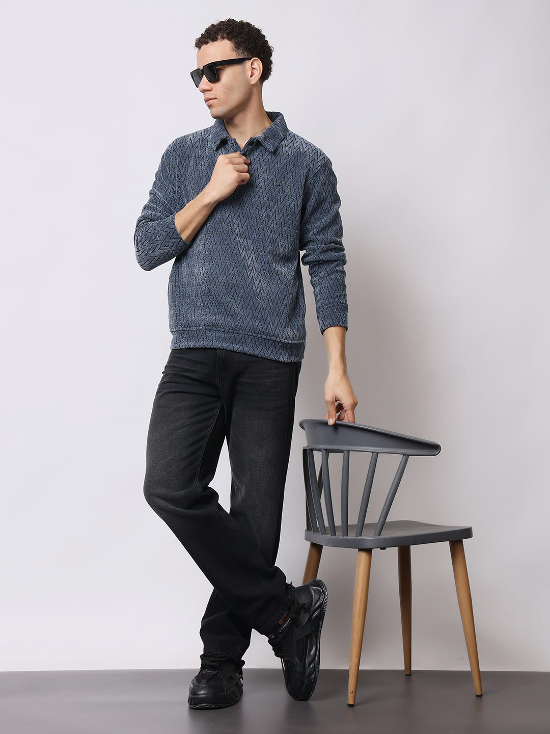 Stylox Men’s Textured Winter Sweatshirt – Chevron Pattern Pullover with Collar & Button Placket
