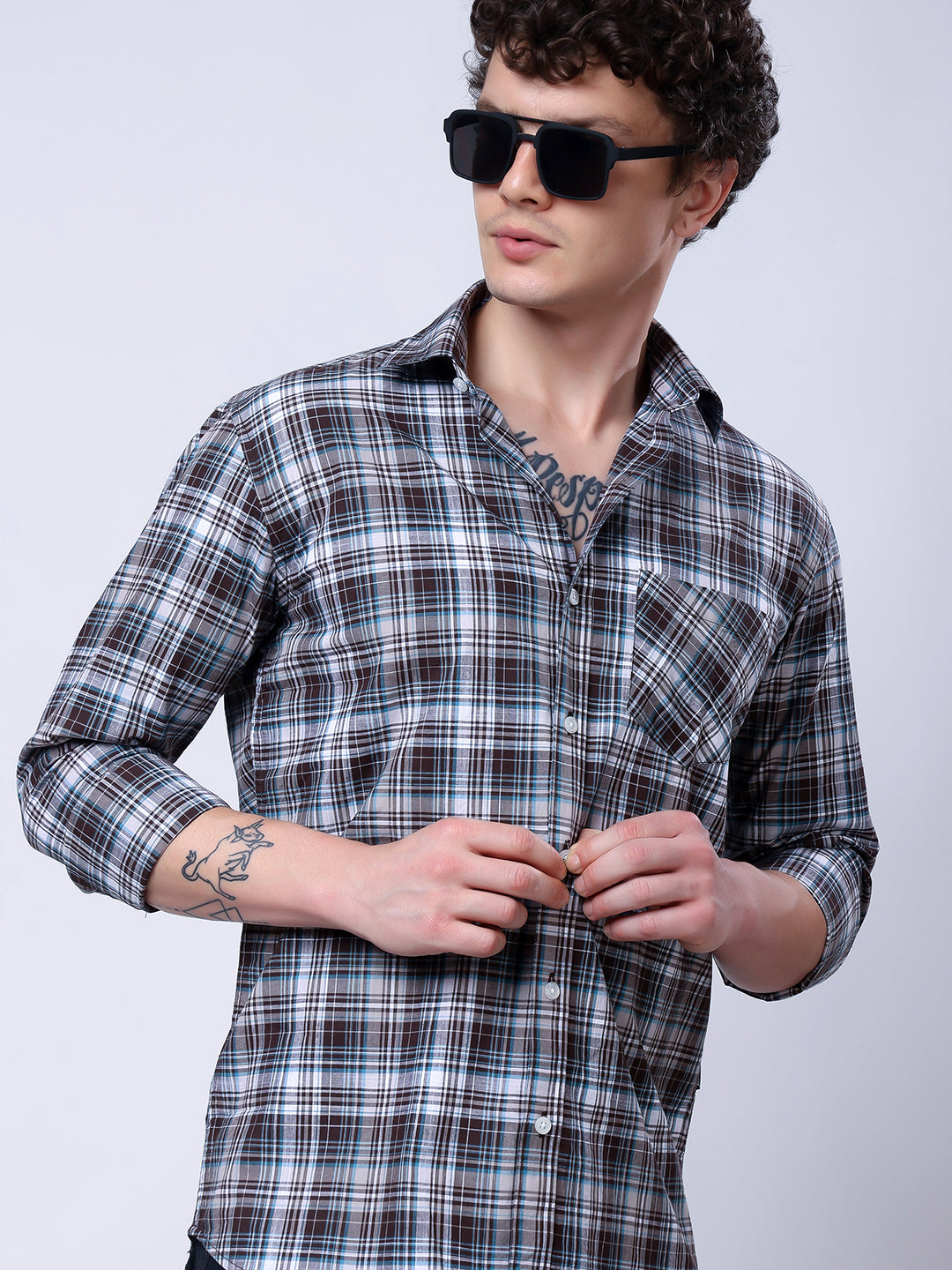 Stylox Men’s Regular Fit Full Sleeve Casual Check Shirt–Grey & Brown - Stylox