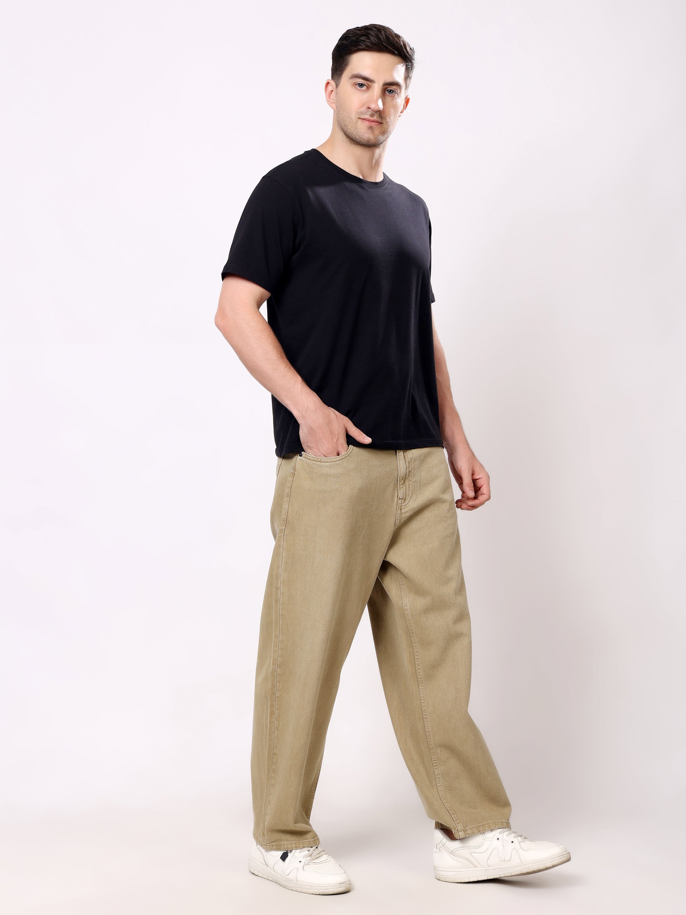 Stylox Men's Khaki Super Baggy Fit Non-Stretchable Denim Jeans