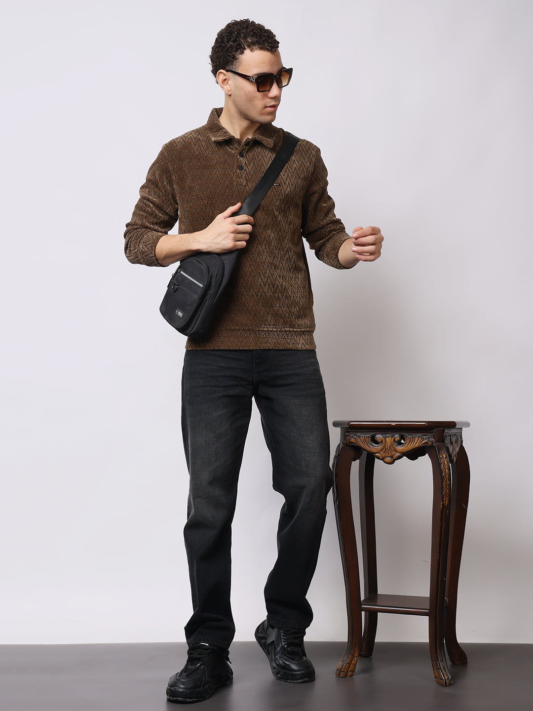 Stylox Men’s Textured Winter Sweatshirt – Chevron Pattern Pullover with Collar & Button Placket