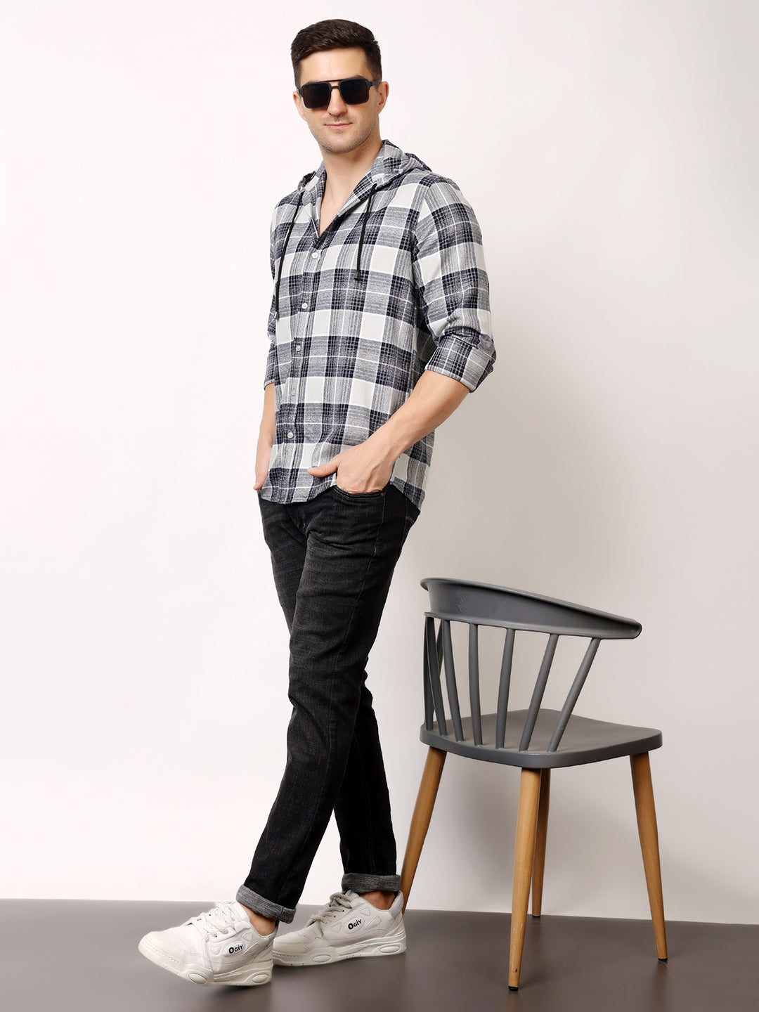 Stylox Men’s Regular Fit Hooded Check Shirt | Full Sleeve Cotton Blend Casual Checkered Shirt - Stylox