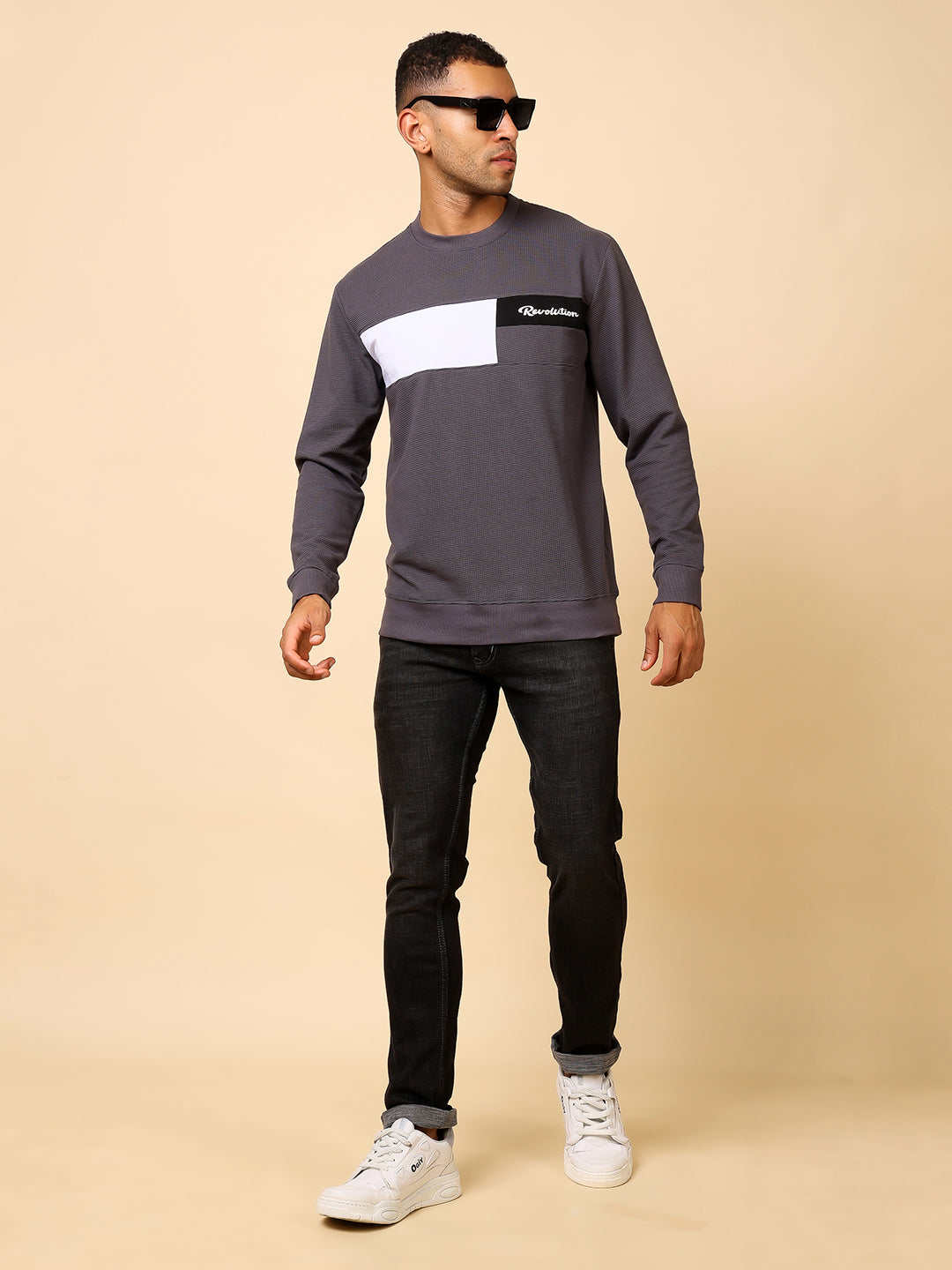 Stylox Men’s Colorblock Crew Neck Sweatshirt with “Revolution” Print