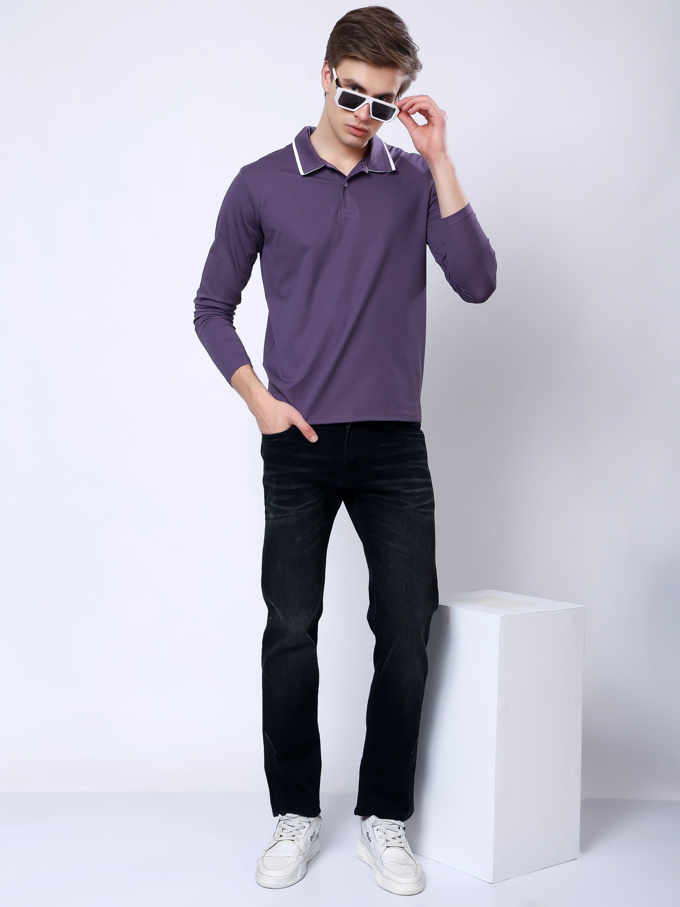 Stylox Men’s Regular Fit Solid Full Sleeve Polo T-Shirt with Contrast Collar - Stylox