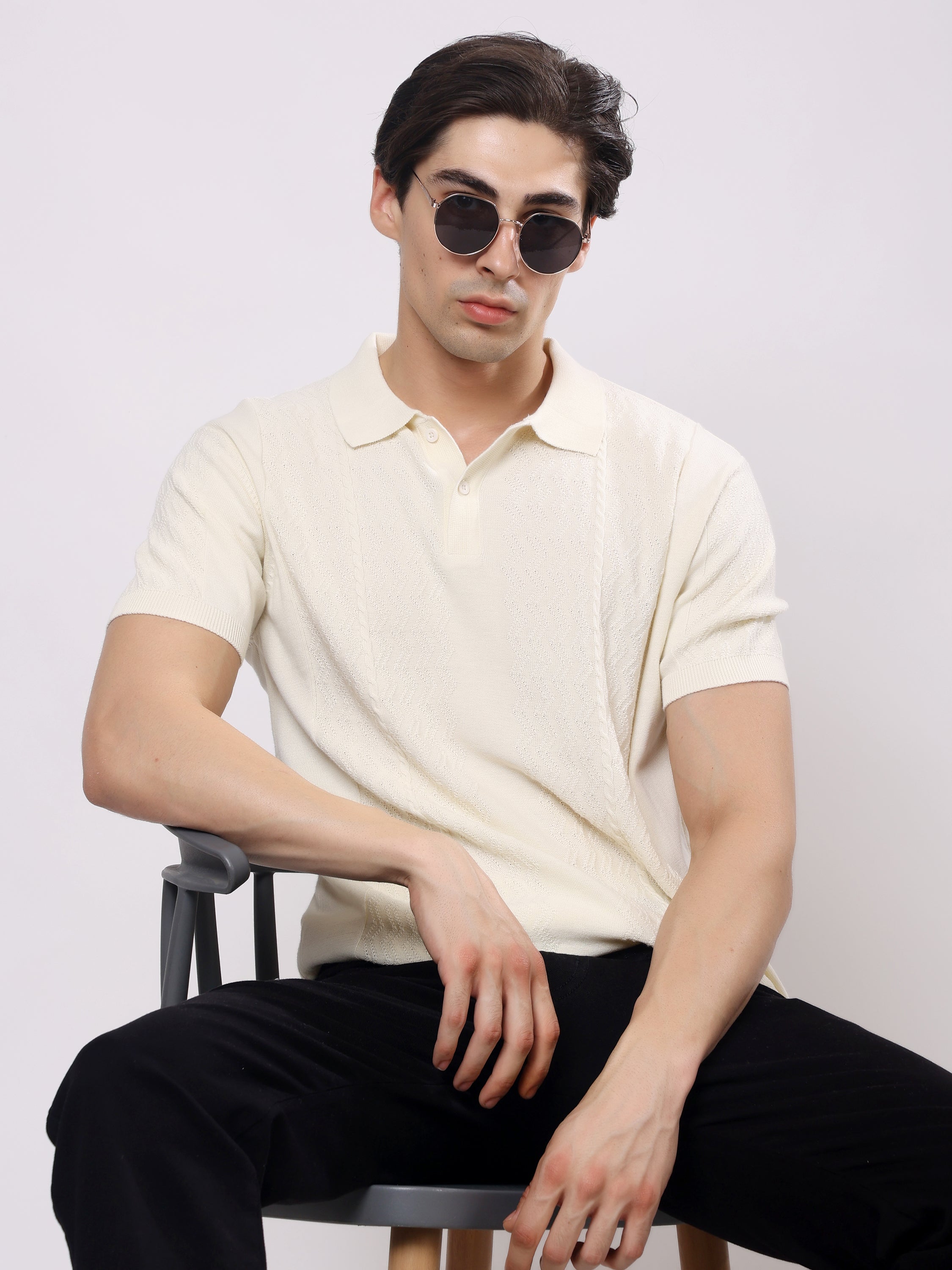 Stylox Men's Regular Fit Half Sleeve Textured Knitted Polo T-Shirt