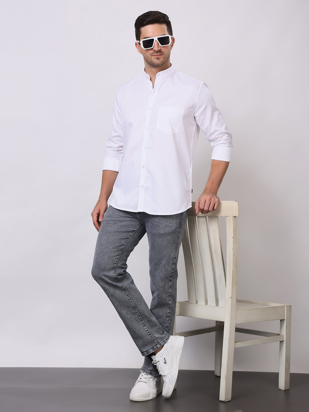 Stylox Men's Full Sleeve Solid White Casual Shirt with Mandarin Collar – Premium Cotton Blend Regular Fit Shirt for Smart & Minimal Everyday Style - Stylox