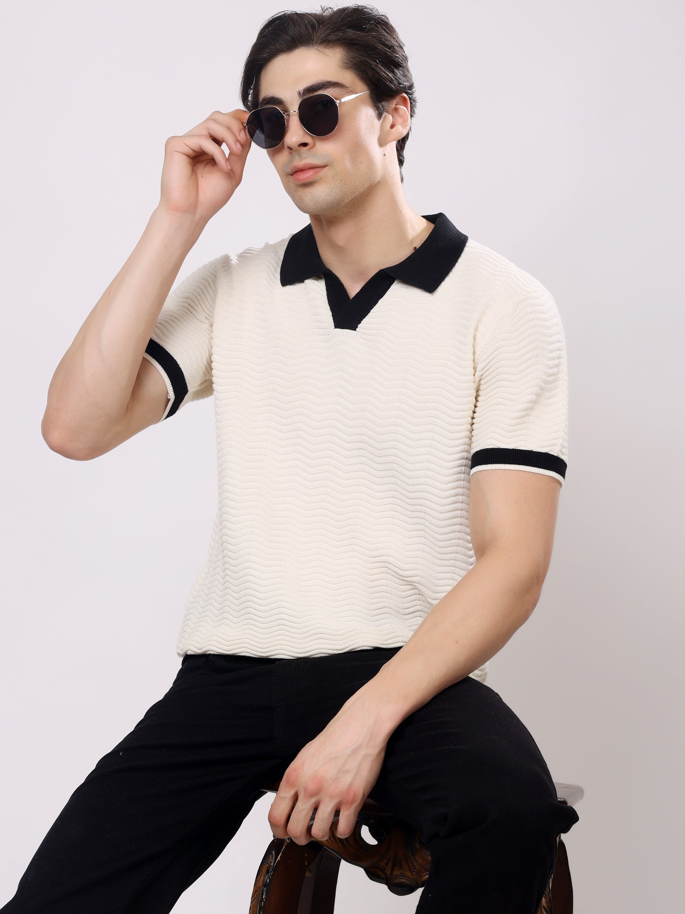 Stylox Men's Regular Fit Half Sleeve Textured Knitted Contrast Collar Polo Tee