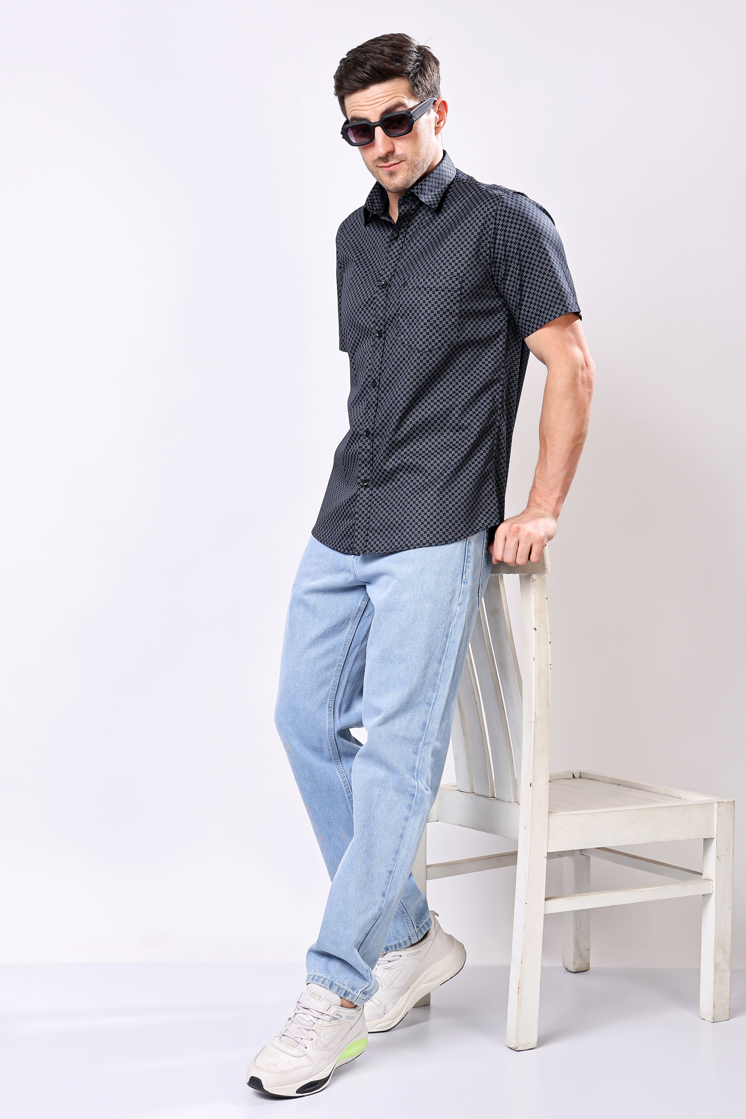 Stylox Men's Half Sleeve Geometric Print Casual Shirt – Premium Cotton Blend Regular Fit Summer Shirt - Stylox
