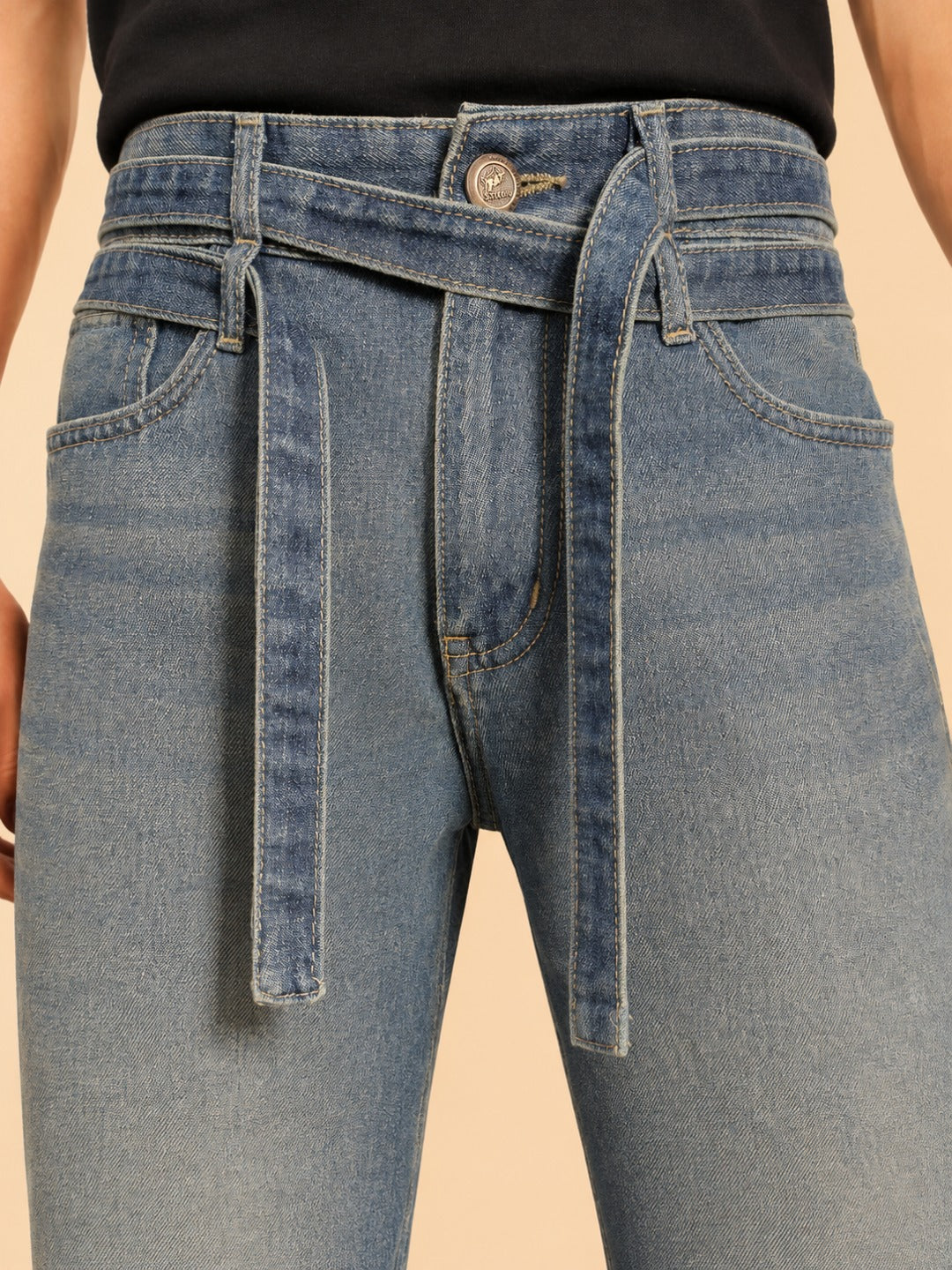 Stylox Men’s Baggy Fit Stretchable Wide Leg Denim Jeans with Tie-Waist Detail