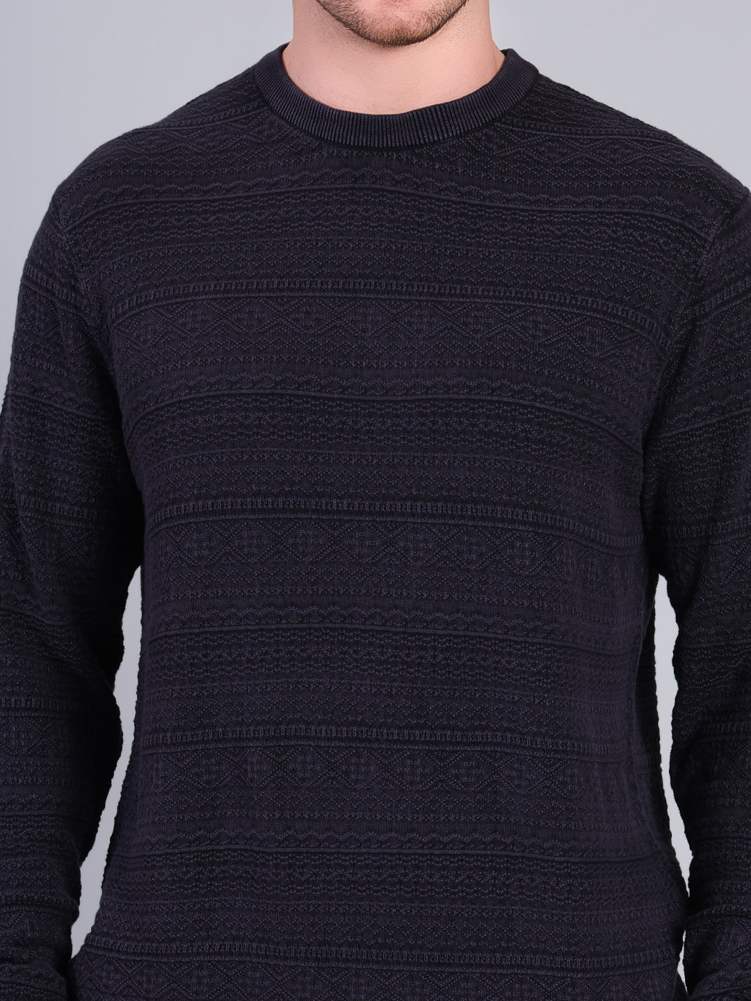 Stylox Men’s Winter Textured Sweater | Full Sleeve Round Neck Knit Pullover | Warm Casual Wear-Navy