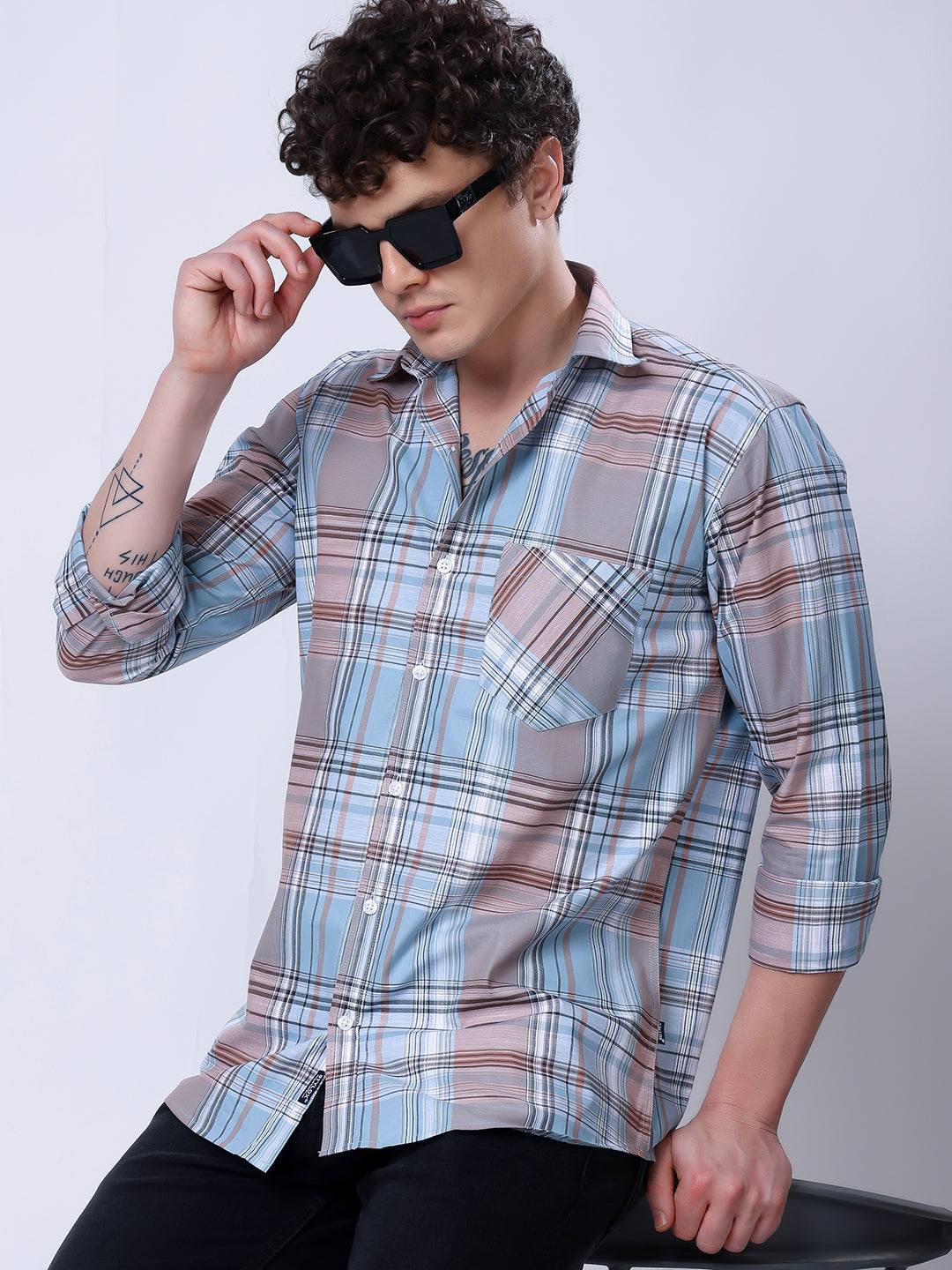 Stylox Men’s Regular Fit Full Sleeve Casual Check Shirt–Light Brown &amp; Light Blue - Stylox