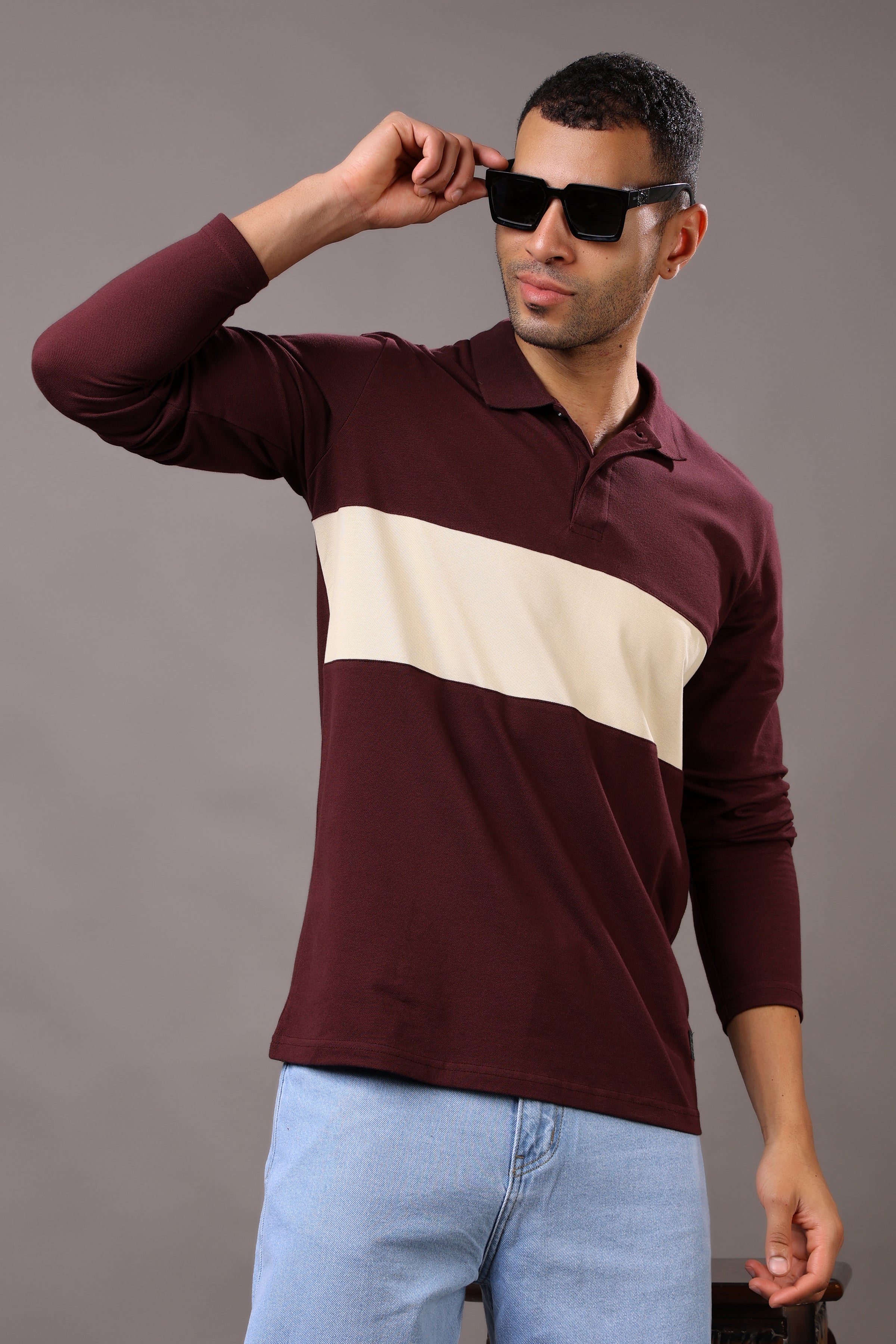 Stylox Men’s Long Sleeve Polo T-Shirt with Cut & Sew Design - Stylox