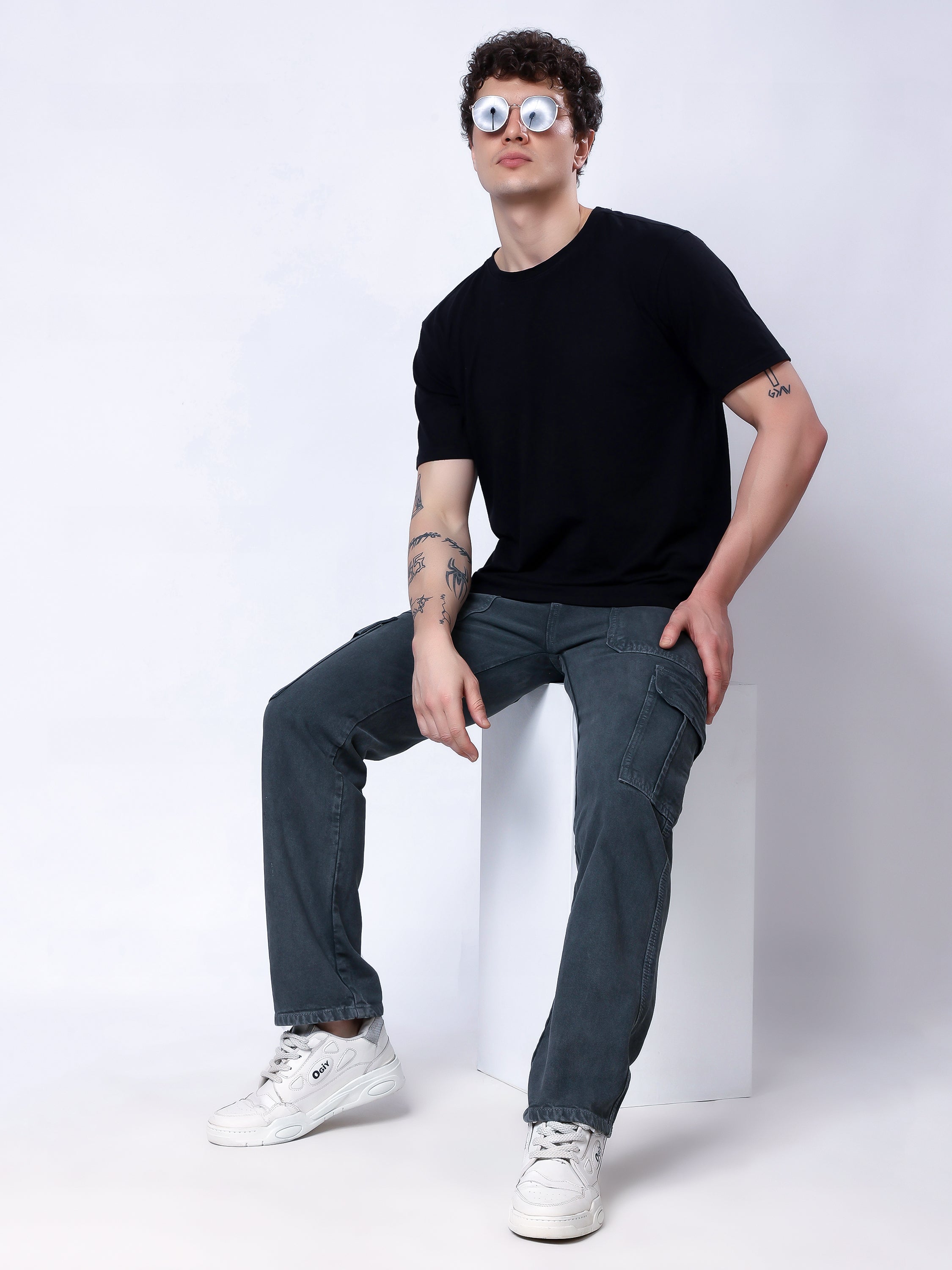Stylox Men’s Comfort Fit Non-Stretch Cargo Jeans with Multi Pockets-Mid Green
