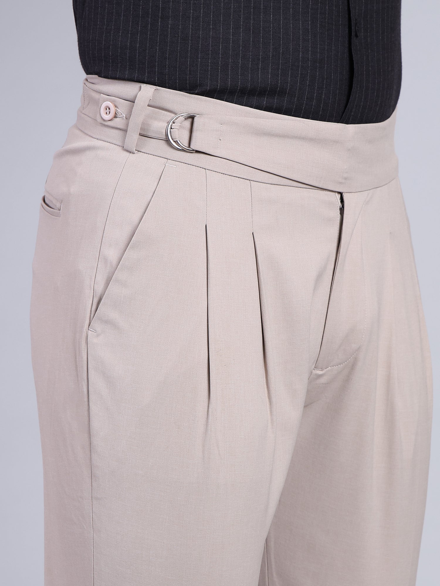 Stylox Men’s Gorkha High Waist Pleated Formal Trousers with Side Adjusters-Beige - Stylox