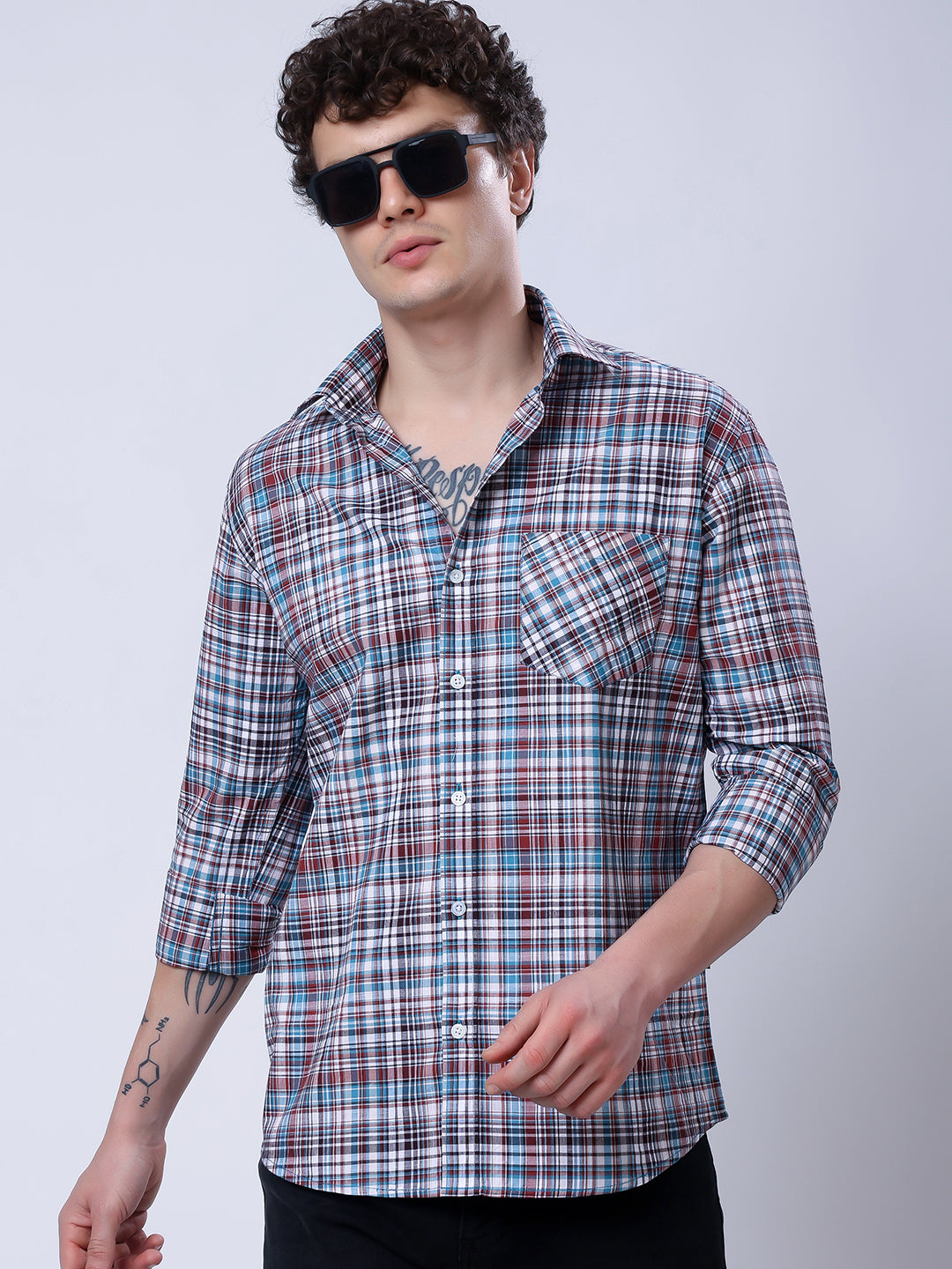 Stylox Men’s Regular Fit Full Sleeve Casual Check Shirt–Blue &amp; Brown - Stylox