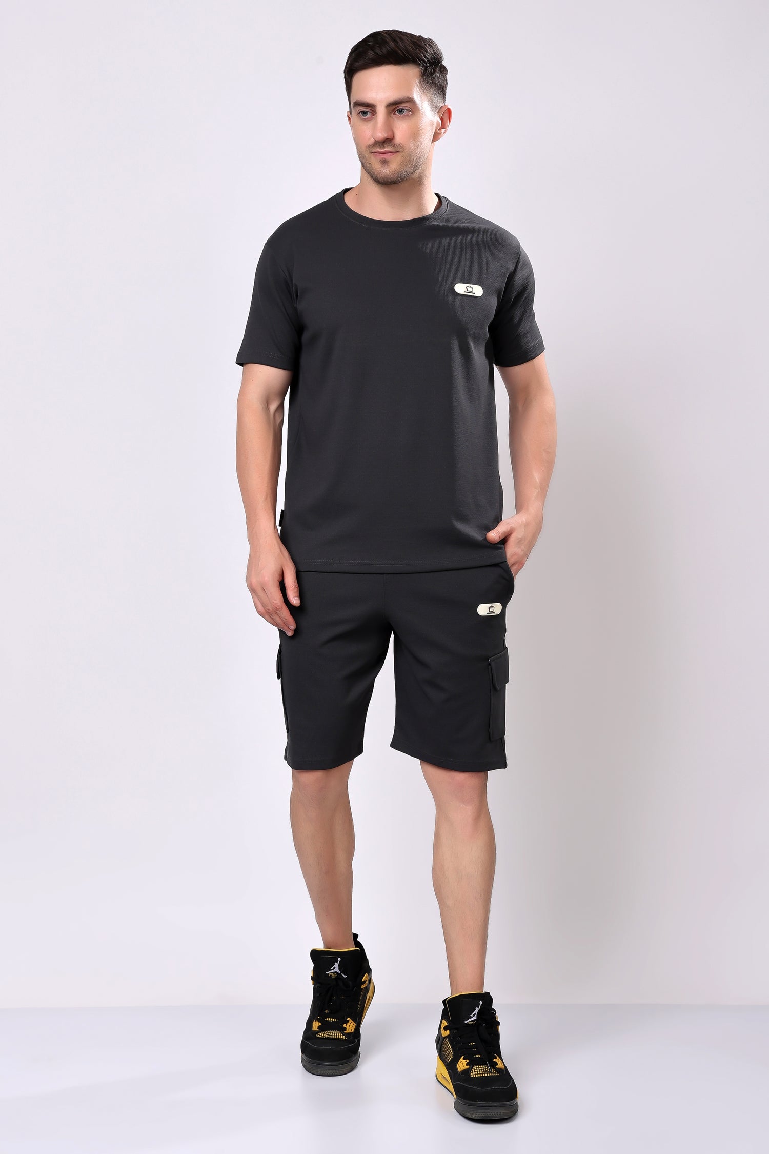 Stylox Men’s Solid Co-ord Set | Round Neck Half Sleeve T-Shirt &amp; Cargo Shorts Set | Premium Cotton Blend Summer Outfit for Casual Wear