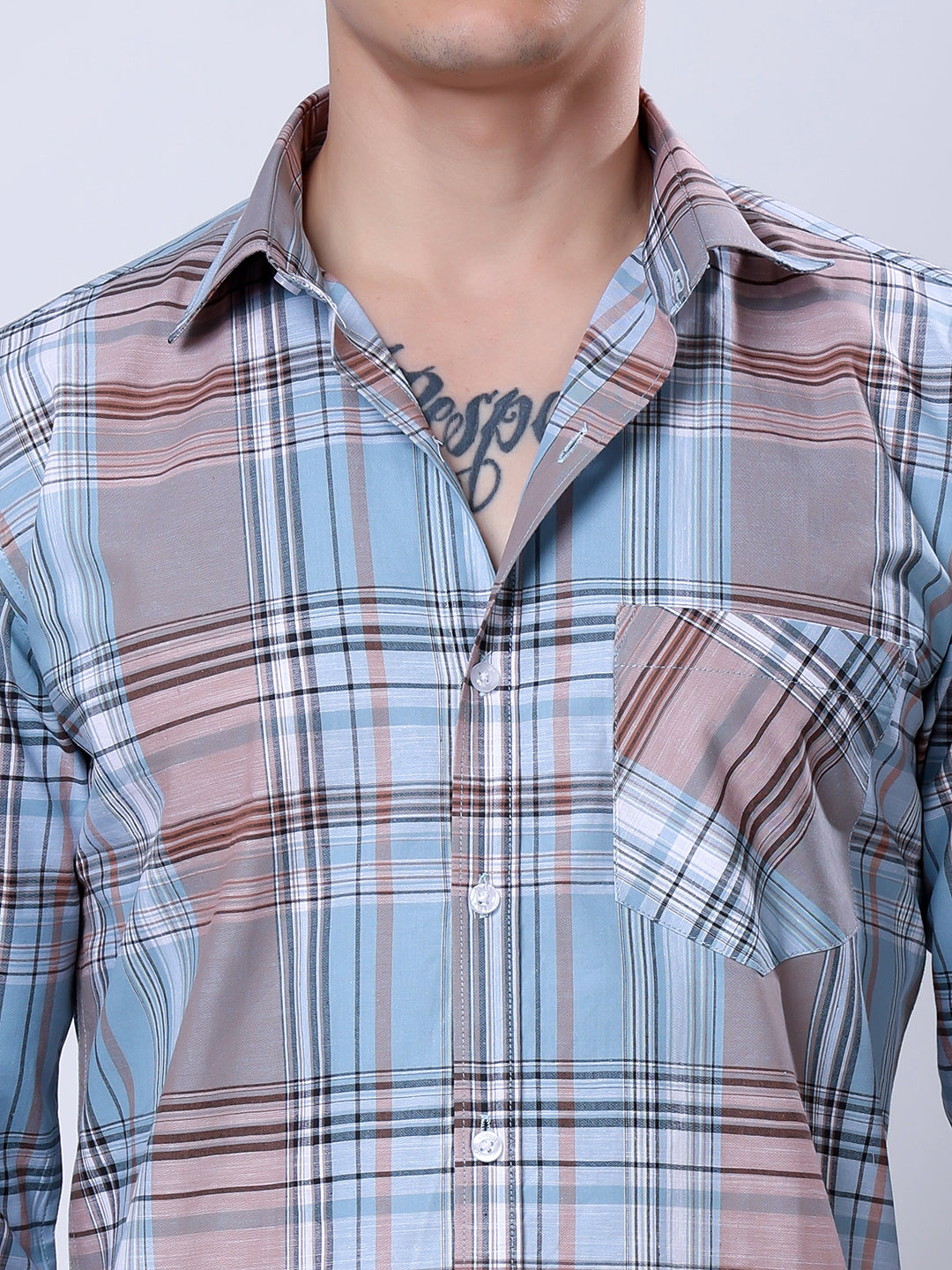 Stylox Men’s Regular Fit Full Sleeve Casual Check Shirt–Light Brown &amp; Light Blue - Stylox