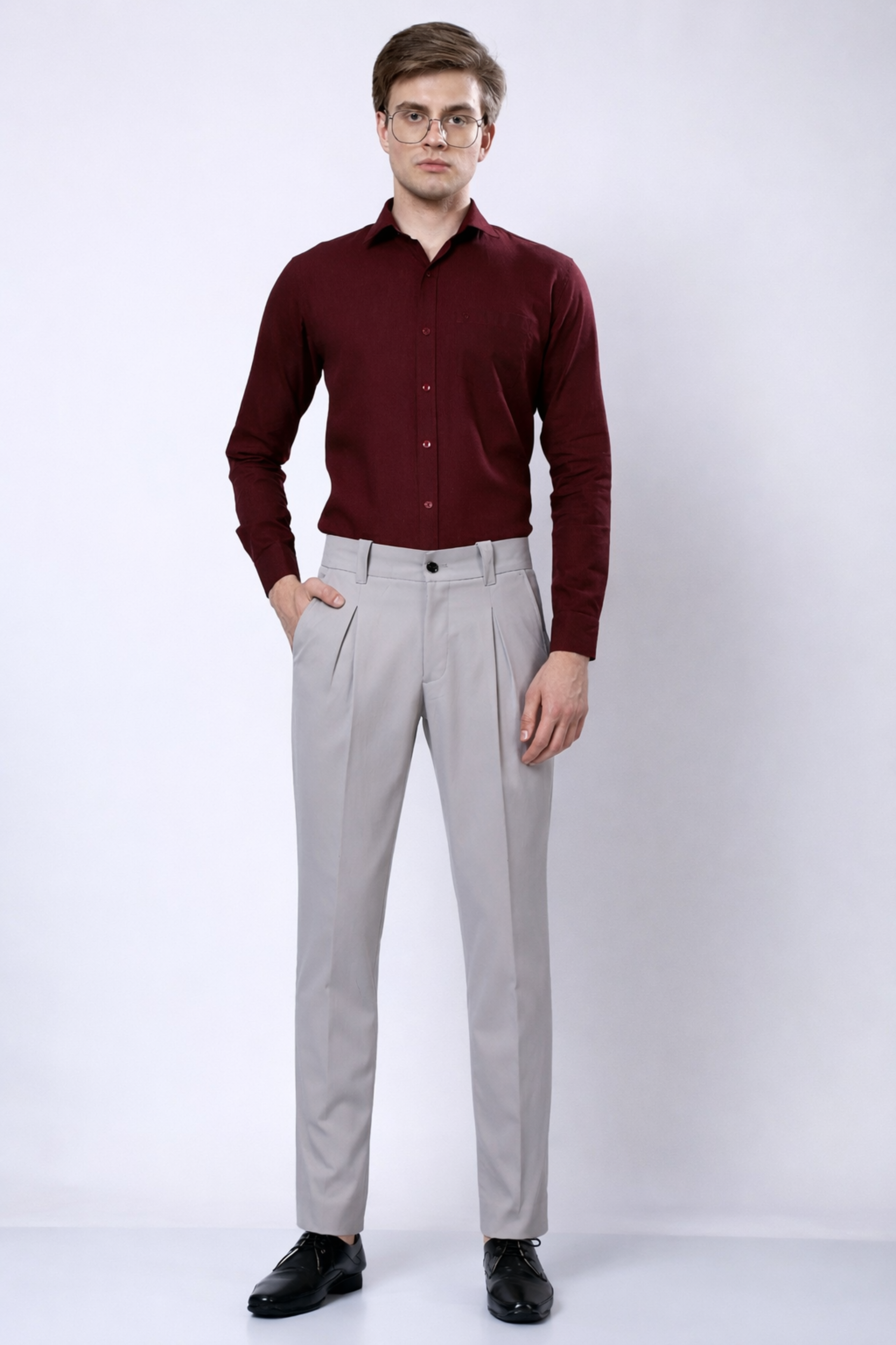 Stylox Men’s Slim Fit Pleated Formal Trousers – Premium Office Wear Pants with Side Pockets-Light Grey - Stylox