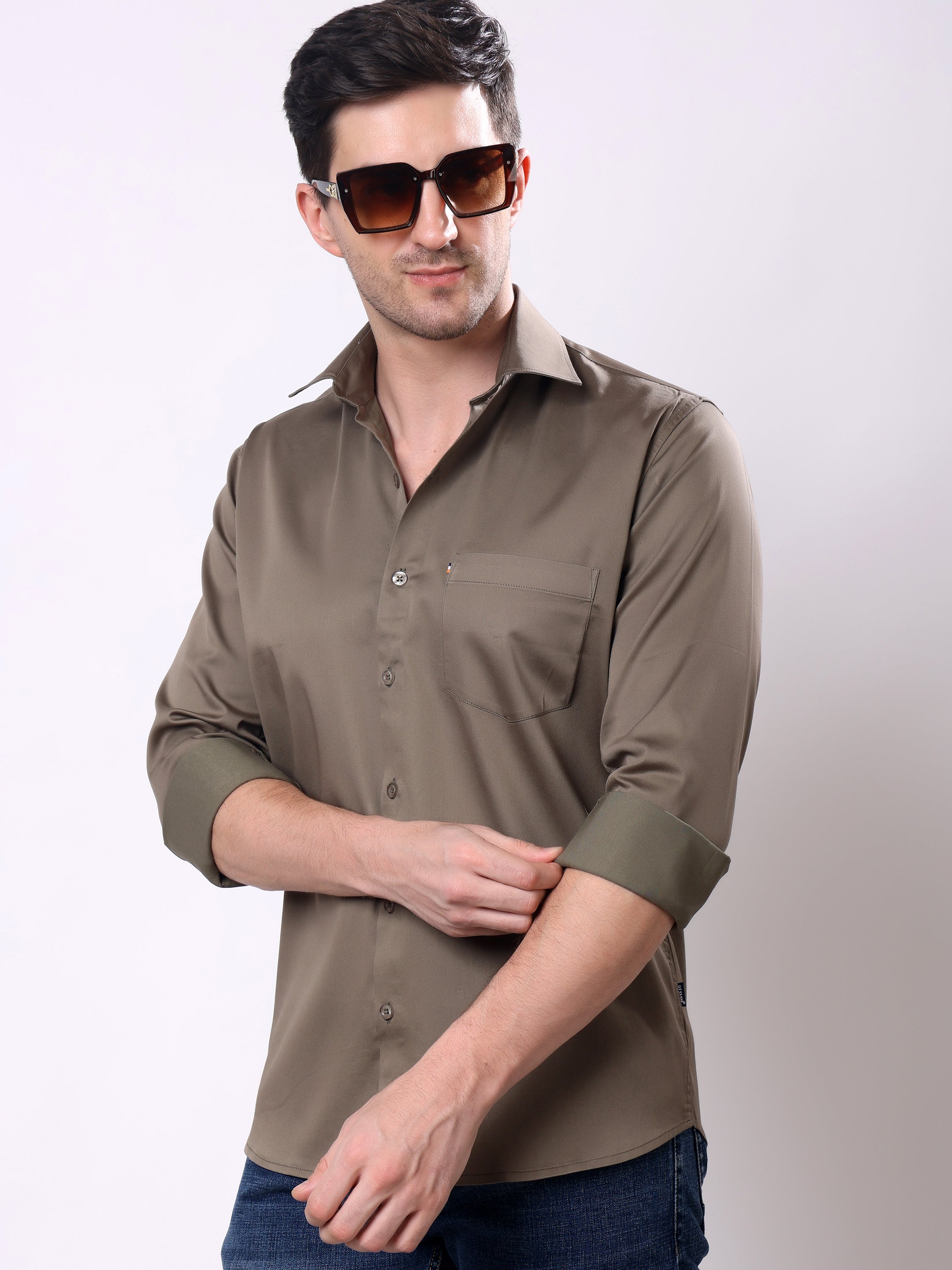 Stylox Men’s Regular Fit Full Sleeve Solid Cotton Satin Casual Shirt - Stylox