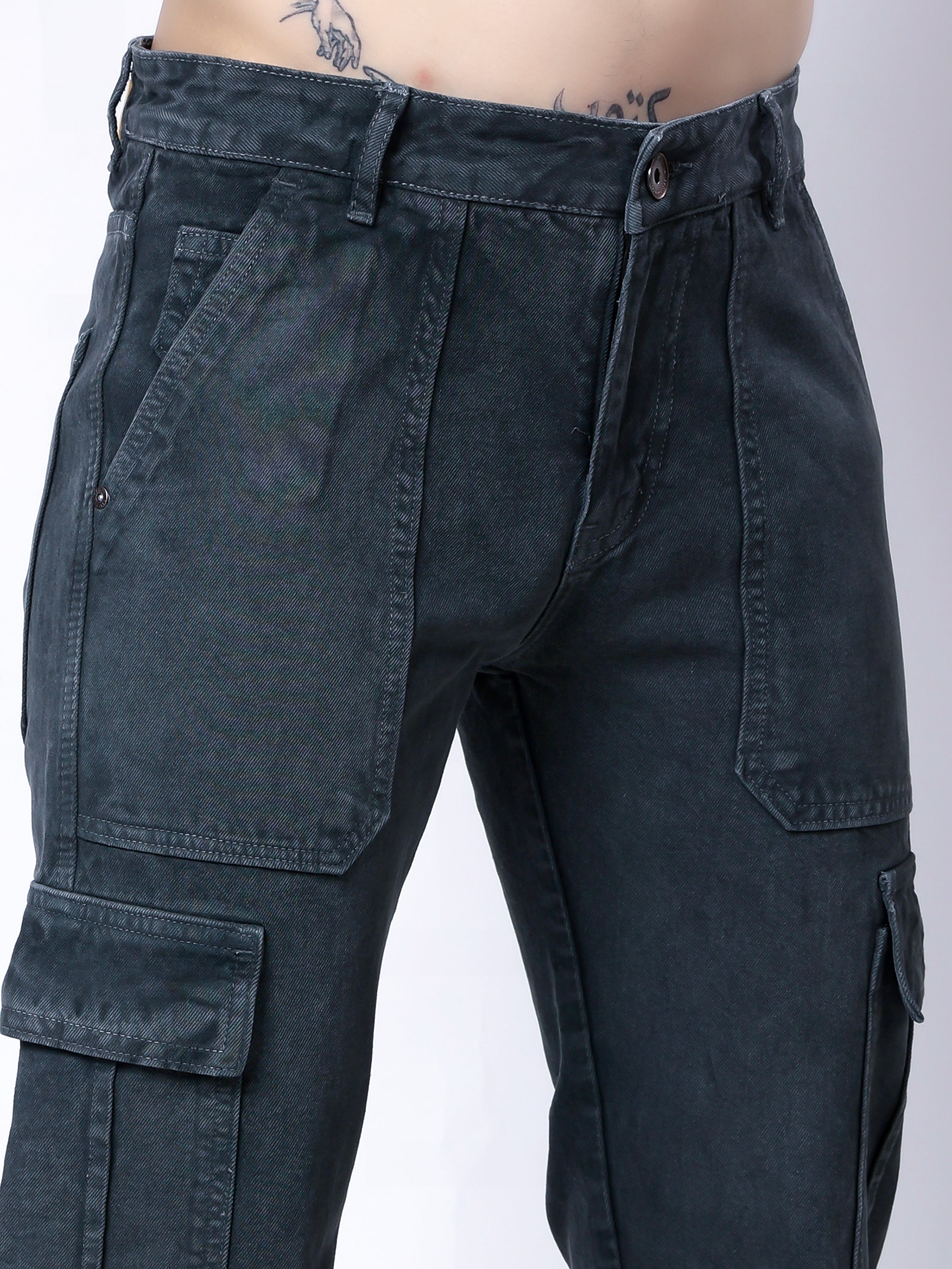 Stylox Men’s Comfort Fit Non-Stretch Cargo Jeans with Multi Pockets-Mid Green