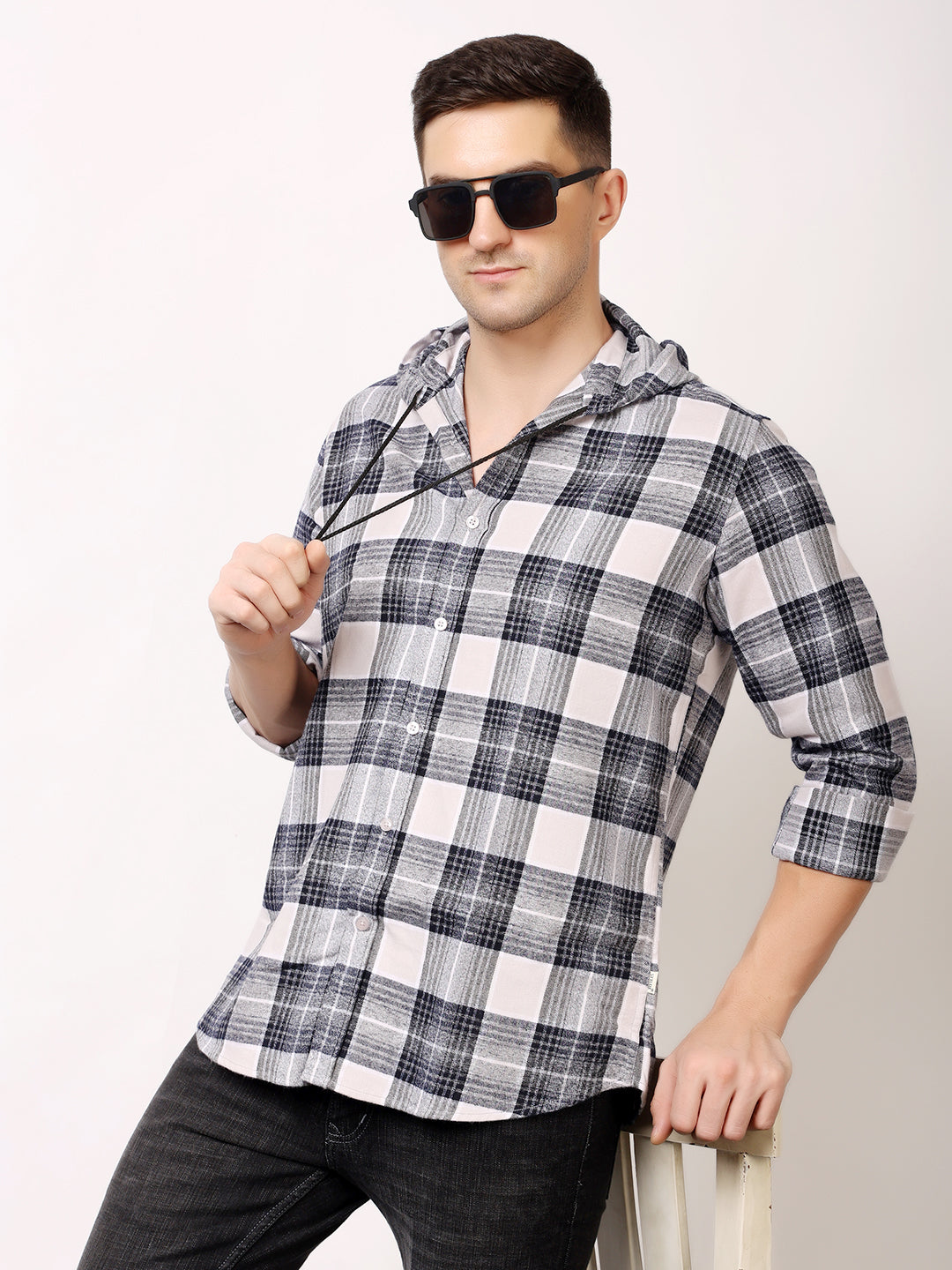 Stylox Men’s Regular Fit Hooded Check Shirt | Full Sleeve Cotton Blend Casual Checkered Shirt - Stylox