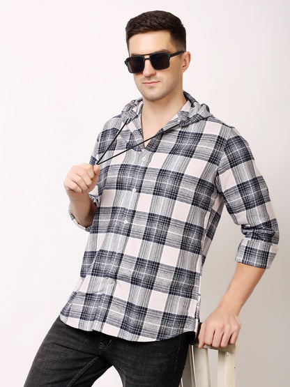 Stylox Men’s Regular Fit Hooded Check Shirt | Full Sleeve Cotton Blend Casual Checkered Shirt
