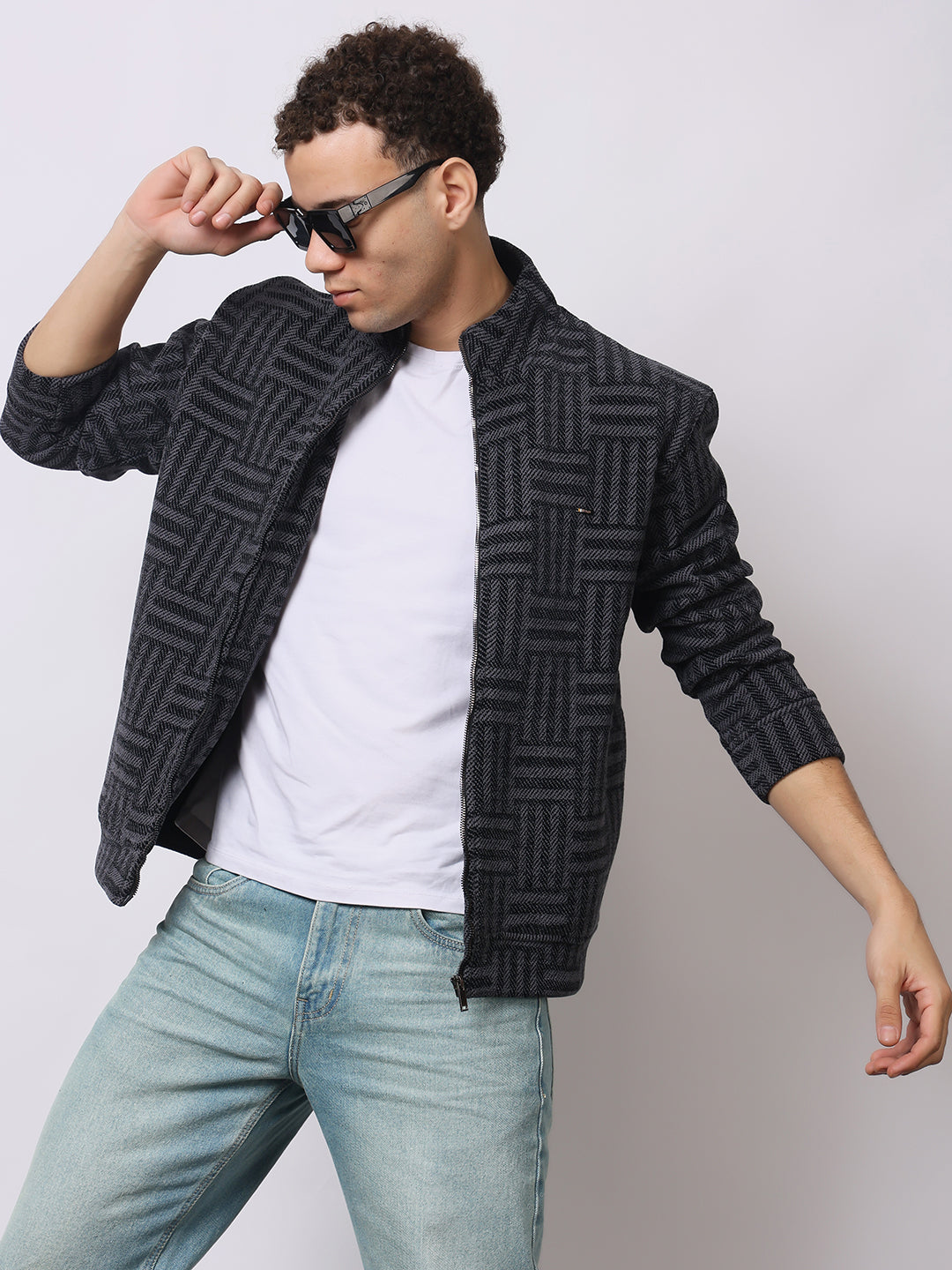 Stylox Men’s Black Textured Full-Zip Winter Jacket – Warm Fleece-Lined High Neck Sweatshirt for Casual Wear