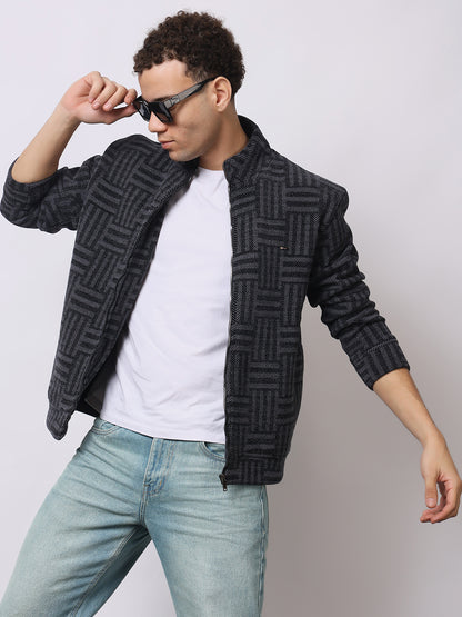 Stylox Men’s Black Textured Full-Zip Winter Jacket – Warm Fleece-Lined High Neck Sweatshirt for Casual Wear