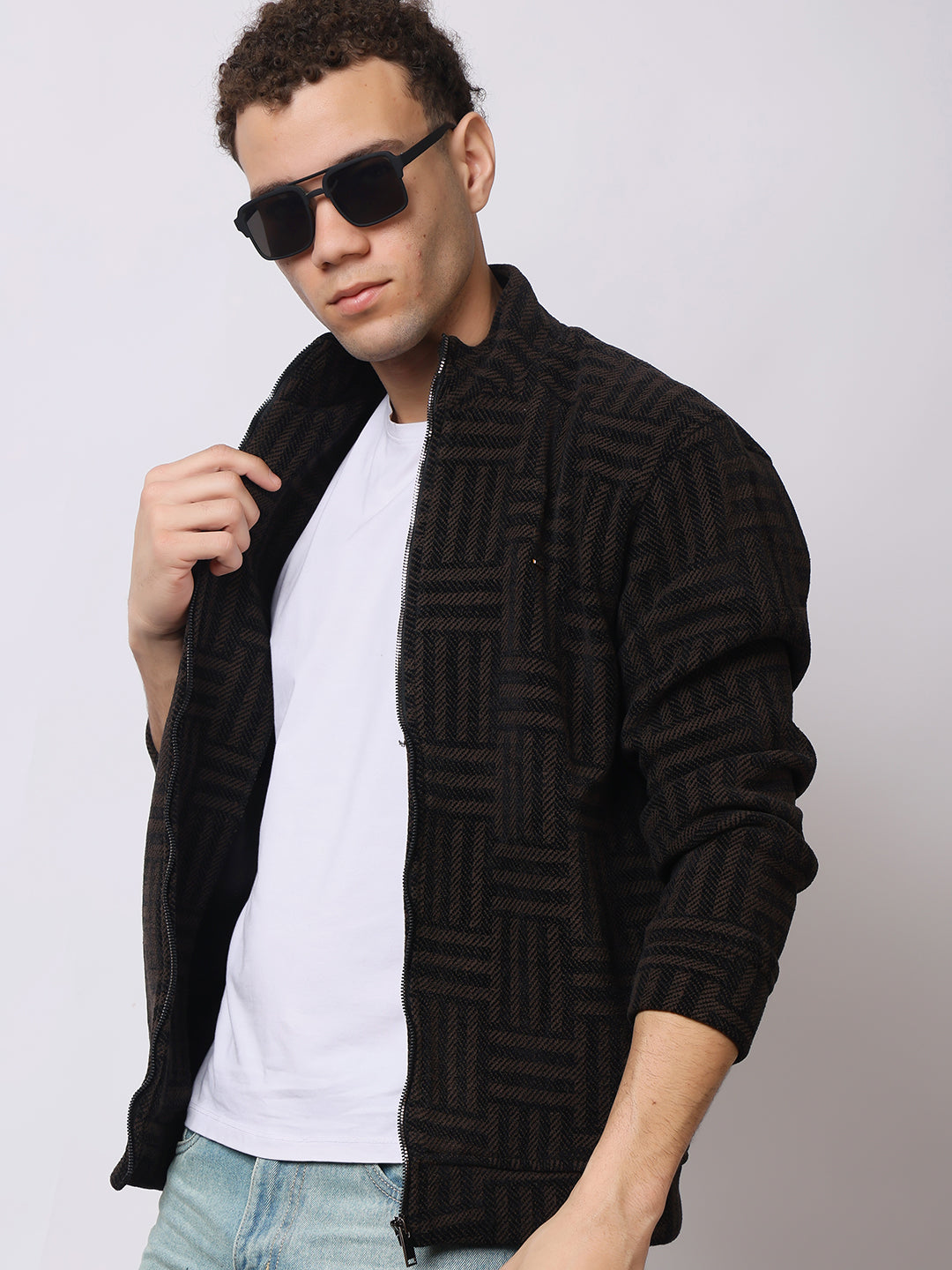 Stylox Men’s Black Textured Full-Zip Winter Jacket – Warm Fleece-Lined High Neck Sweatshirt for Casual Wear