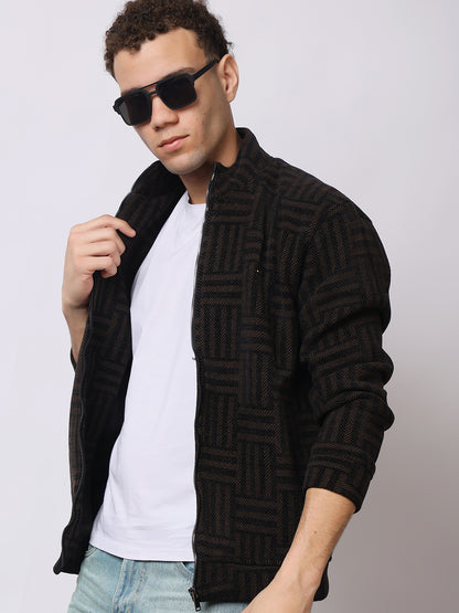 Stylox Men’s Black Textured Full-Zip Winter Jacket – Warm Fleece-Lined High Neck Sweatshirt for Casual Wear