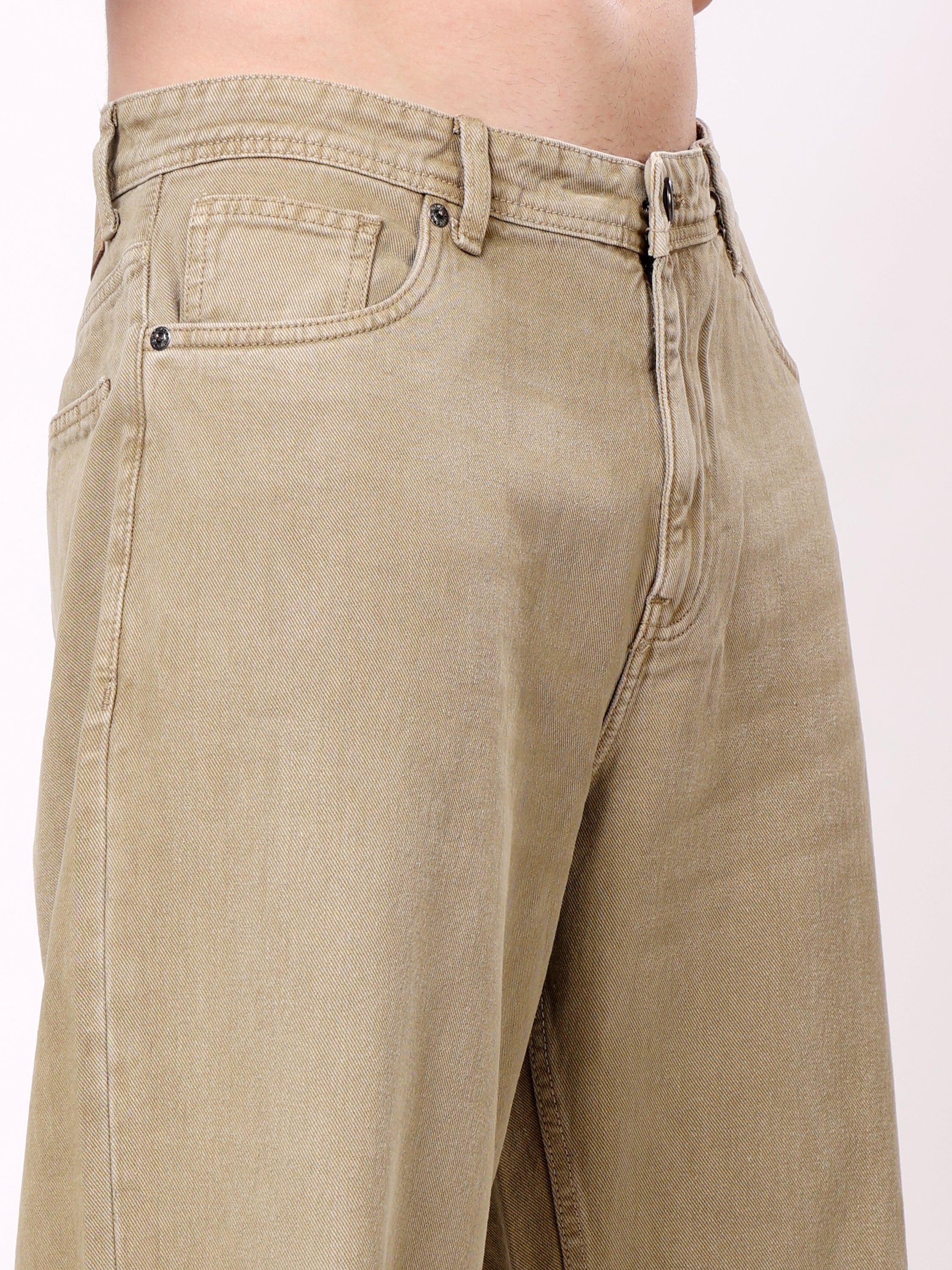 Stylox Men's Khaki Super Baggy Fit Non-Stretchable Denim Jeans