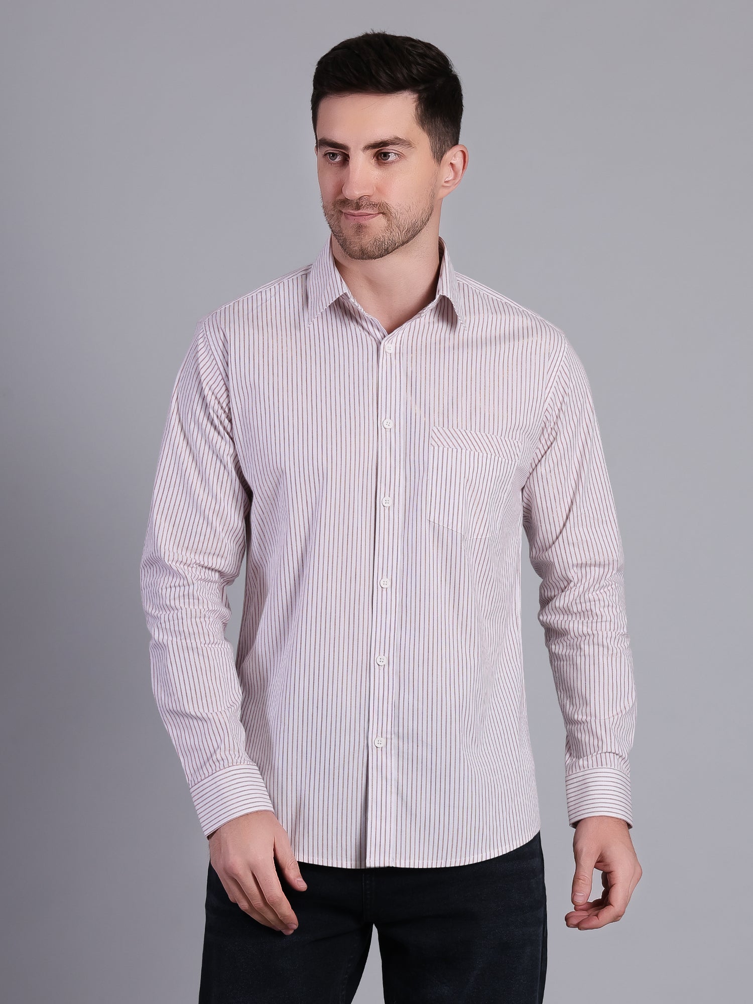 Stylox Men’s Regular Fit Vertical Striped Full Sleeve Casual Shirt-Red - Stylox