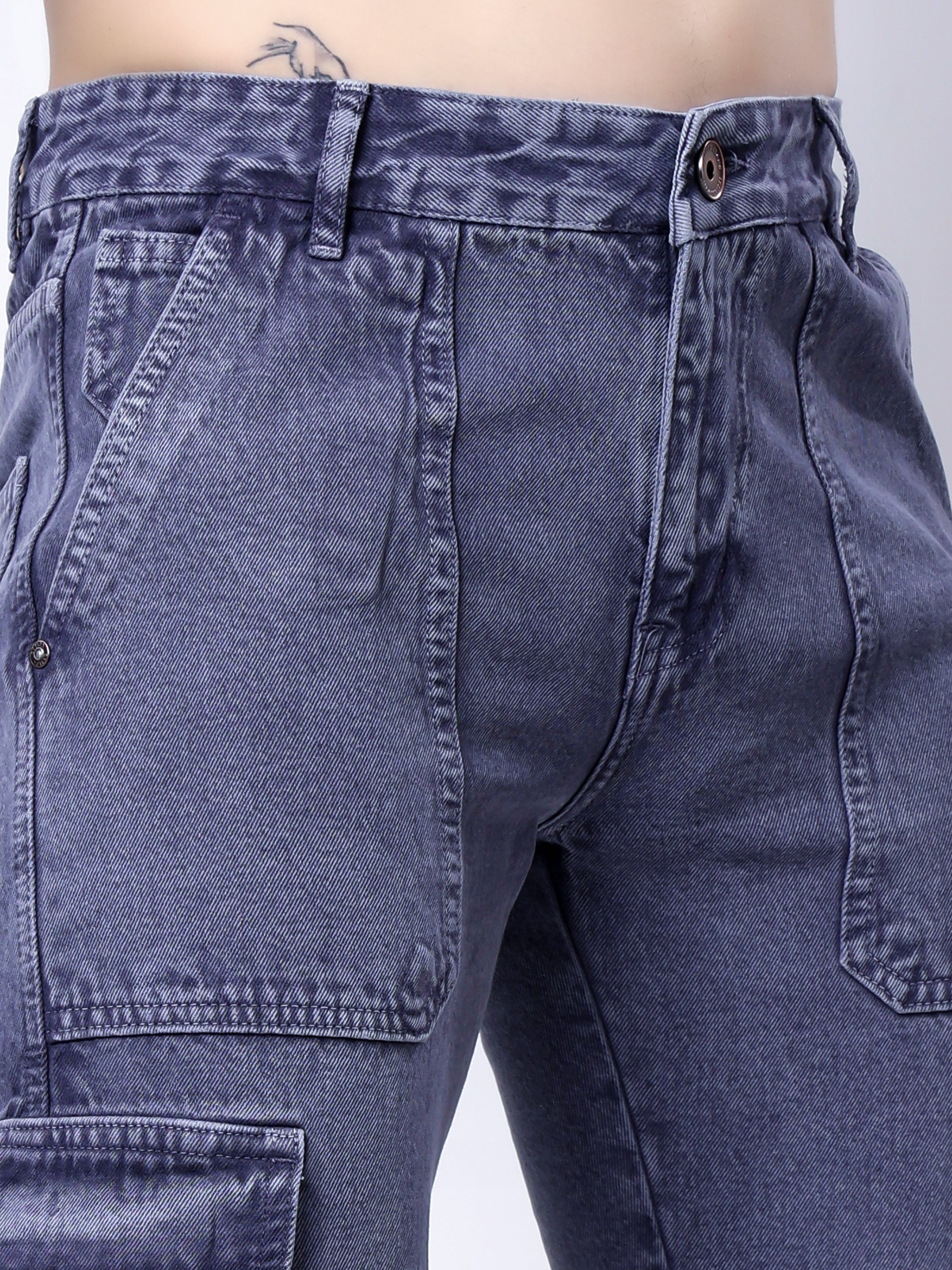Stylox Men’s Comfort Fit Non-Stretch Cargo Jeans with Multi Pockets-Mid Grey