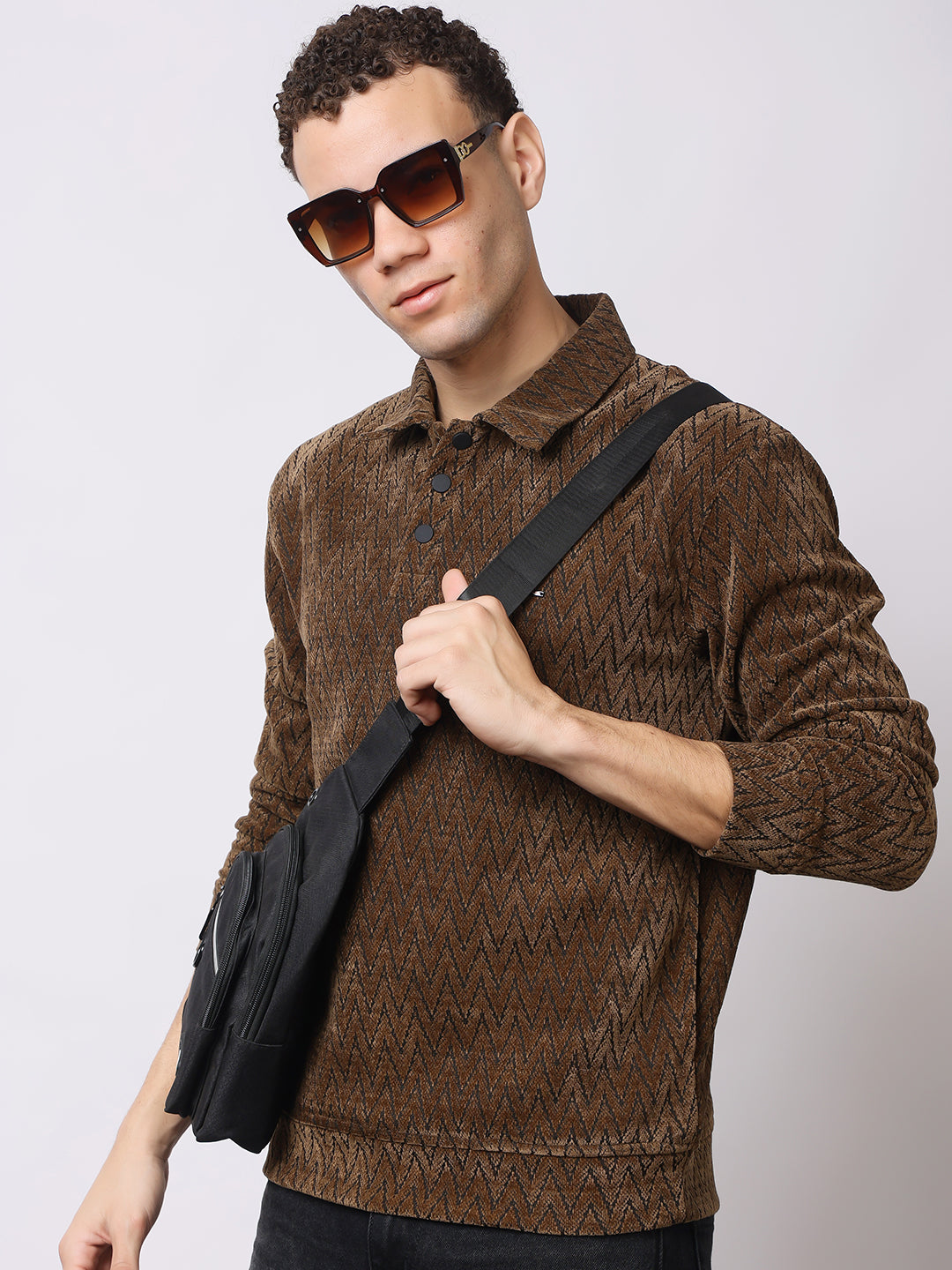 Stylox Men’s Textured Winter Sweatshirt – Chevron Pattern Pullover with Collar &amp; Button Placket