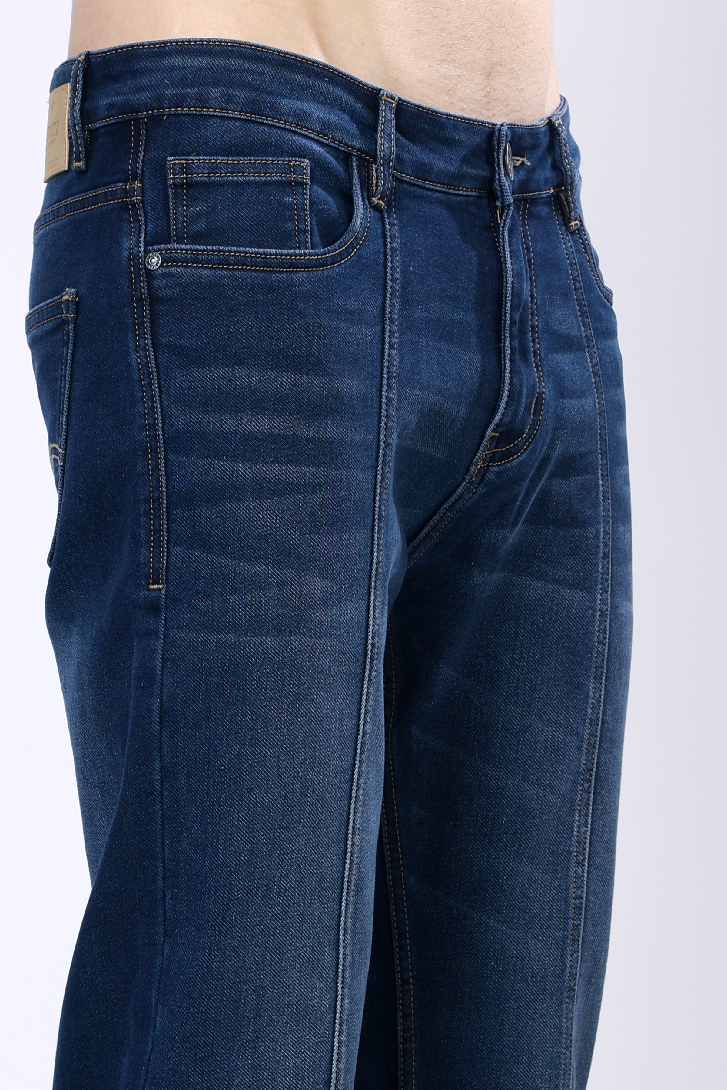 Stylox Men’s Mid-Rise Comfort Fit Stretchable Dark Blue Denim Jeans with Panel Stitch Detailing - Stylox