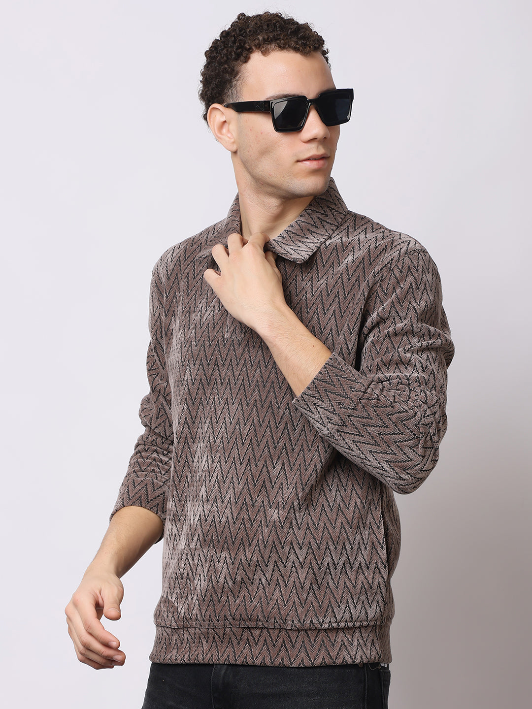 Stylox Men’s Textured Winter Sweatshirt – Chevron Pattern Pullover with Collar & Button Placket