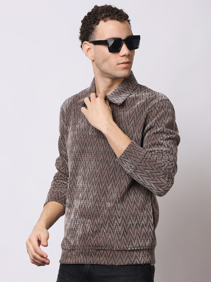 Stylox Men’s Textured Winter Sweatshirt – Chevron Pattern Pullover with Collar &amp; Button Placket
