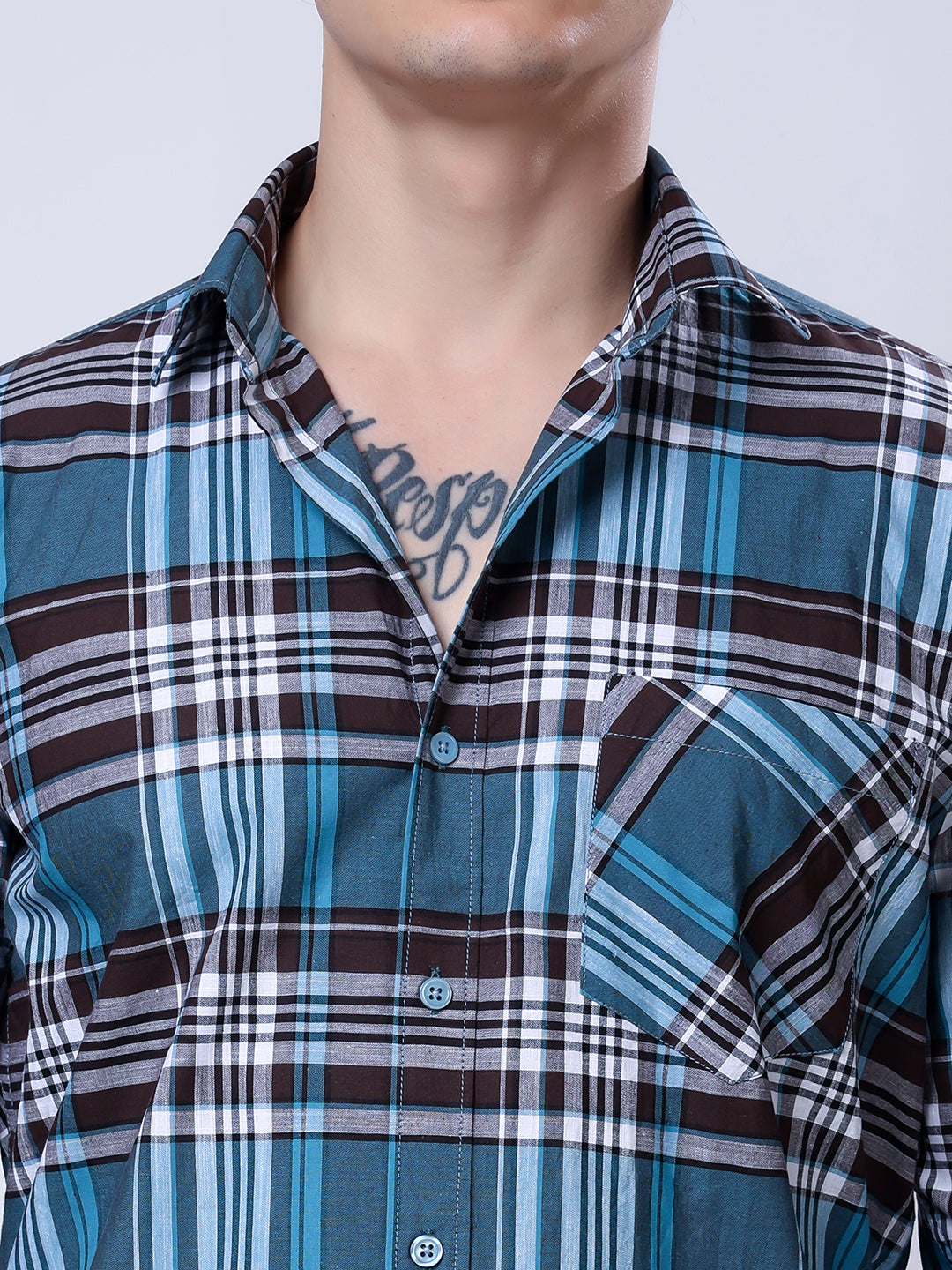 Stylox Men’s Regular Fit Full Sleeve Casual Check Shirt–Teal & Brown - Stylox