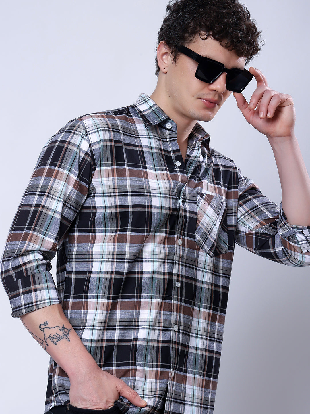 Stylox Men’s Regular Fit Full Sleeve Casual Check Shirt–Grey & Black - Stylox
