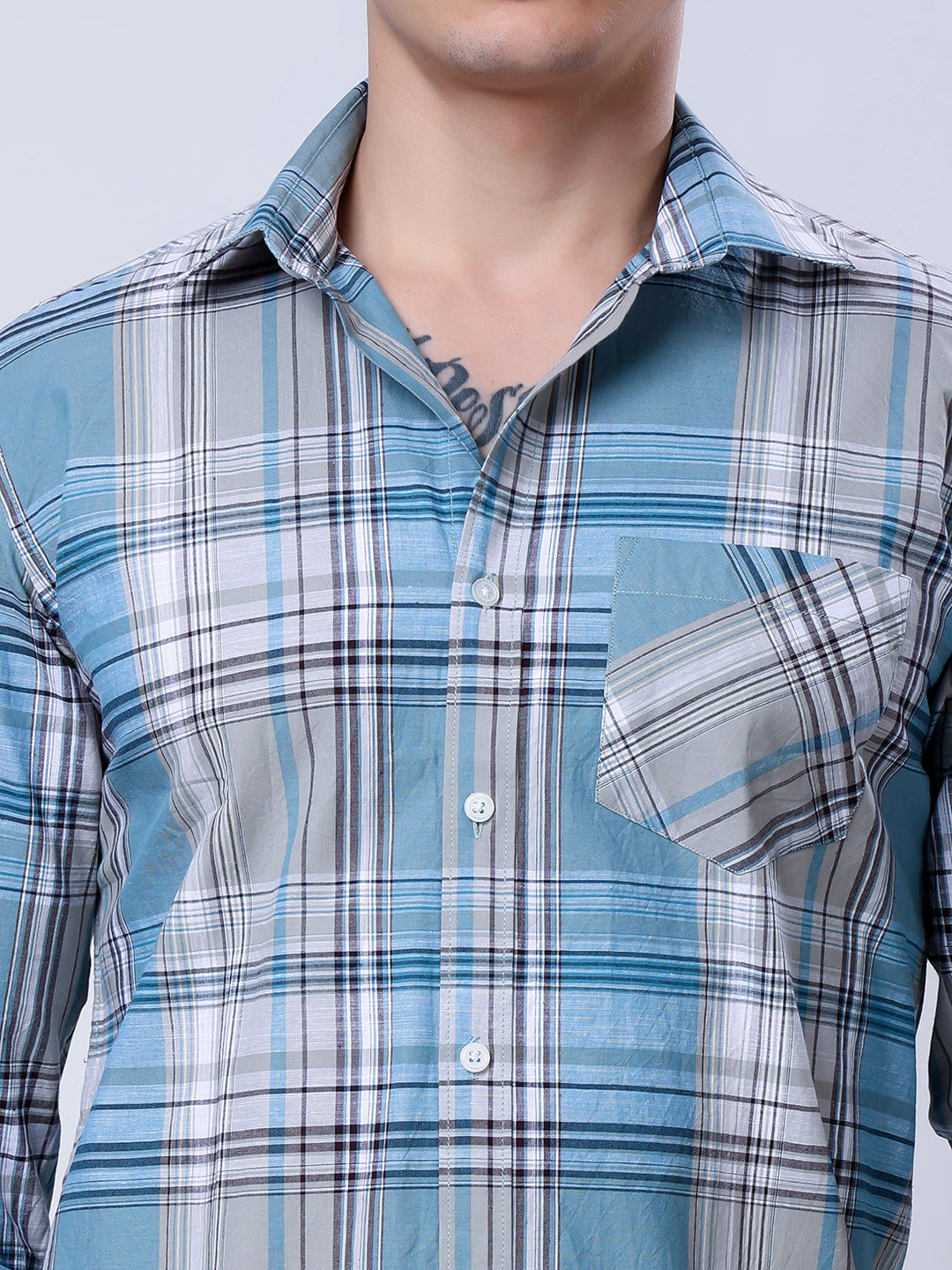 Stylox Men’s Regular Fit Full Sleeve Casual Check Shirt–Grey &amp; Sky Blue - Stylox