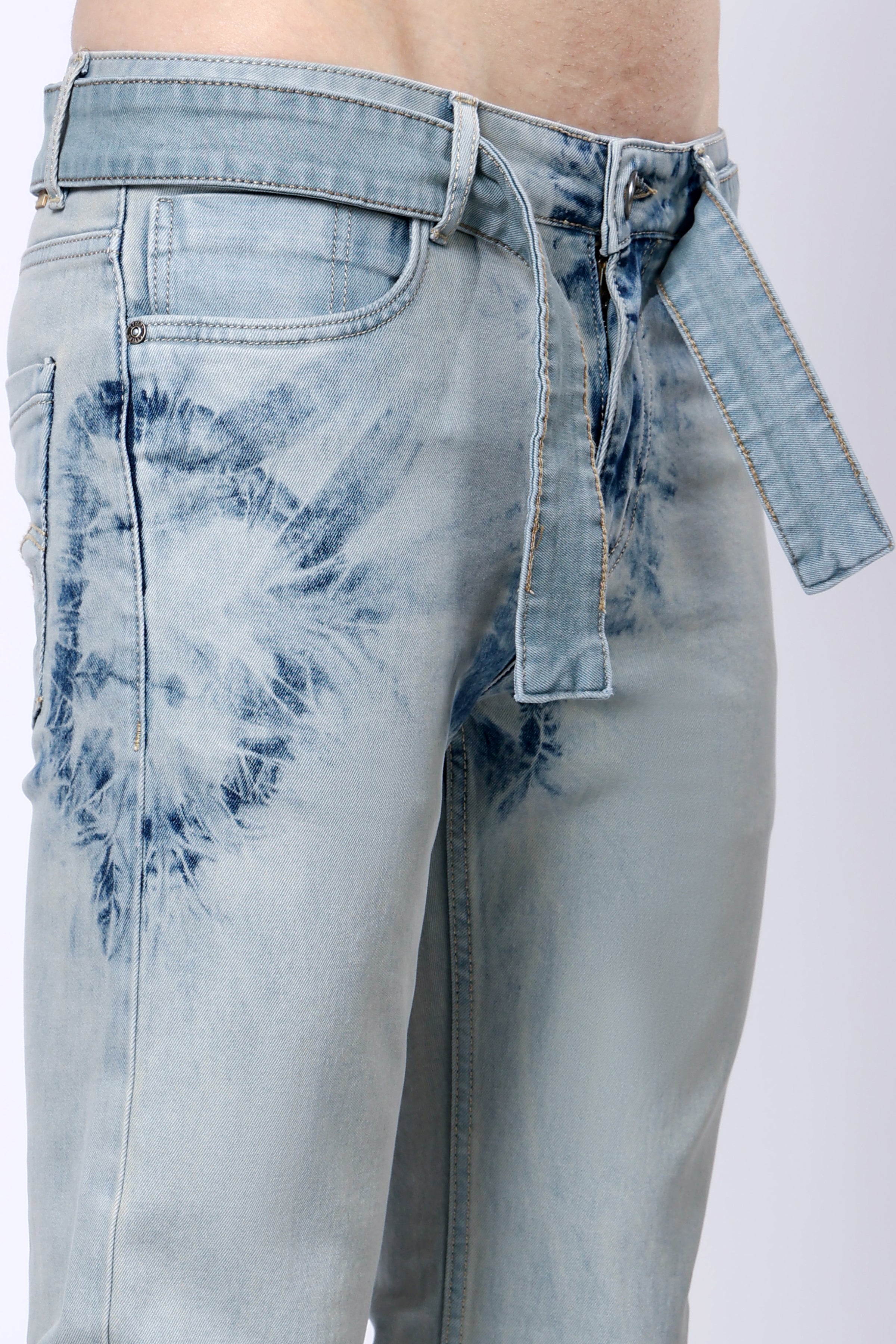 Stylox Men’s Mid-Rise Comfort Fit Stretchable Vintage Blue Tie-Dye Denim Jeans - Stylox