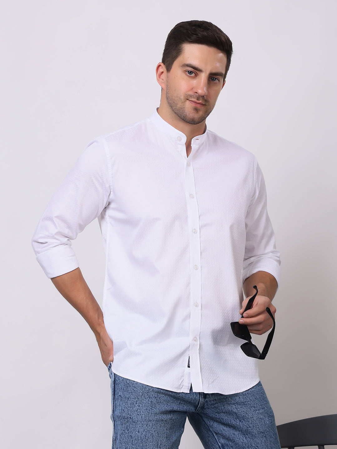 Stylox Men’s White Mandarin Collar Full Sleeve Casual Shirt - Stylox