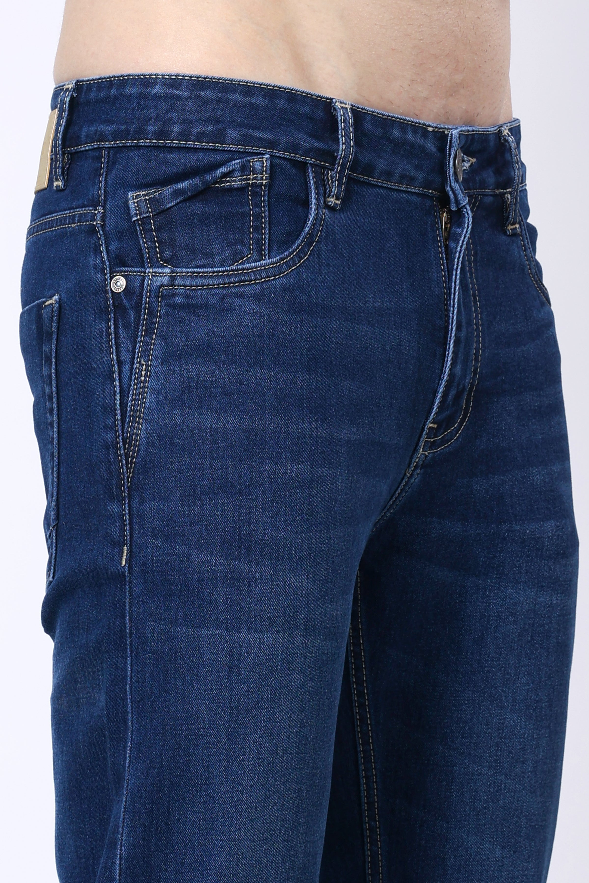 Stylox Men’s Mid-Rise Comfort Fit Stretchable Mid Dark Blue Denim Jeans - Stylox