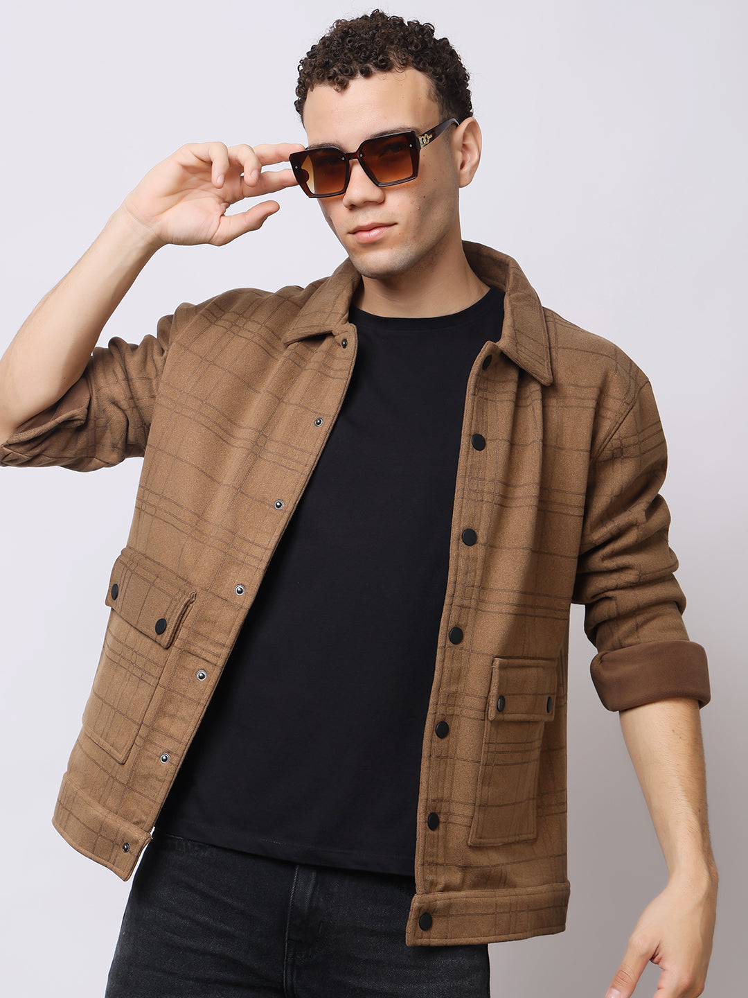 Stylox Men’s Checkered Winter Shacket – Warm Button-Down Fleece Jacket with Utility Pockets