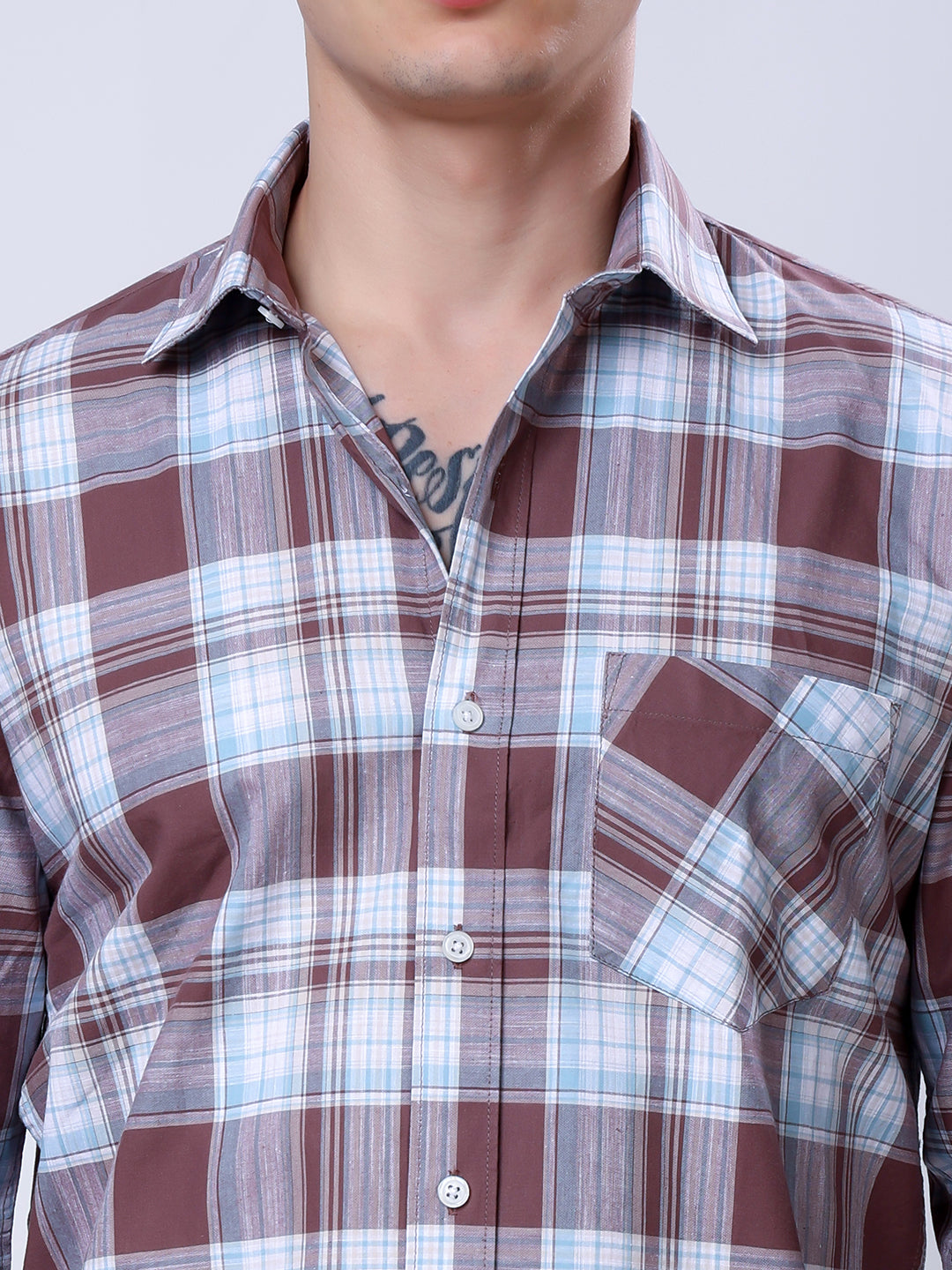 Stylox Men’s Regular Fit Full Sleeve Casual Check Shirt–Brown & Sky Blue - Stylox