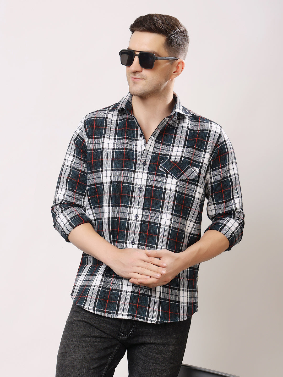 Stylox Men’s Regular Fit Full Sleeve Check Shirt with Single Pocket | Casual Cotton Checkered Shirt - Stylox