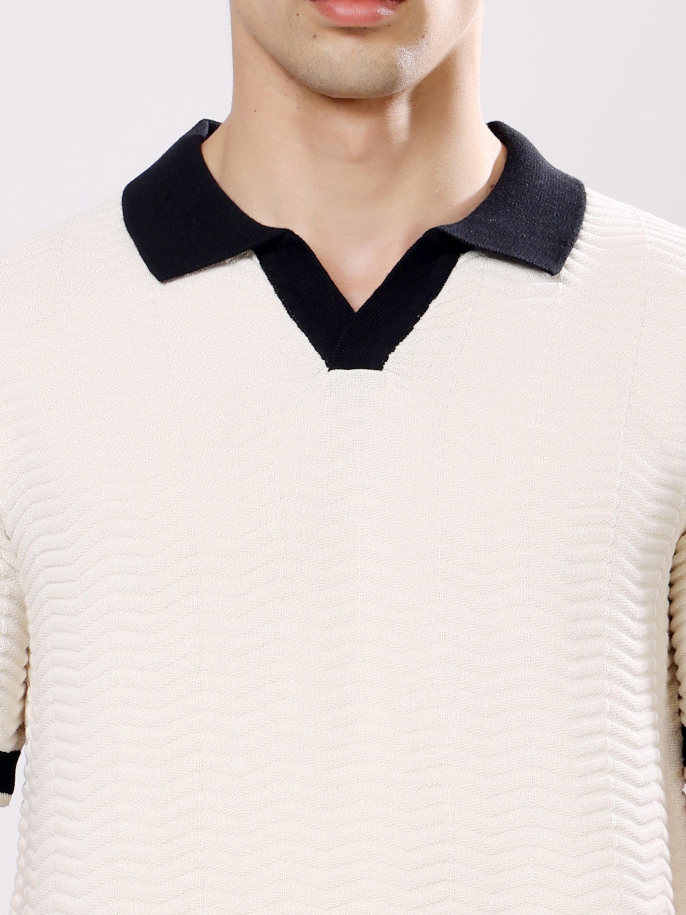 Stylox Men's Regular Fit Half Sleeve Textured Knitted Contrast Collar Polo Tee