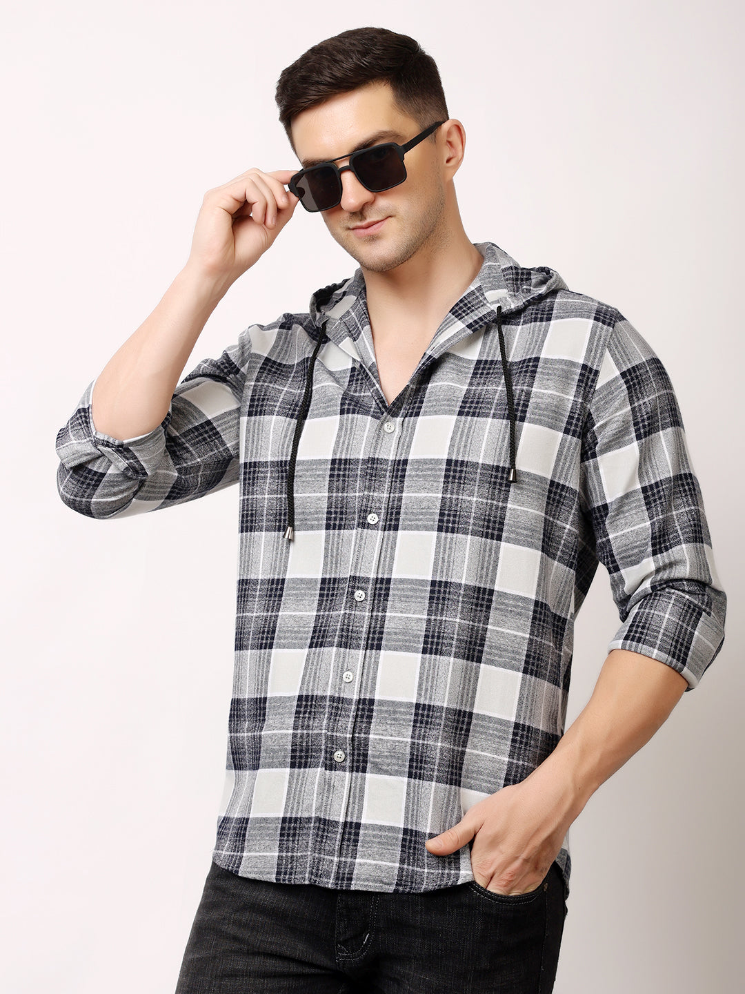 Stylox Men’s Regular Fit Hooded Check Shirt | Full Sleeve Cotton Blend Casual Checkered Shirt - Stylox
