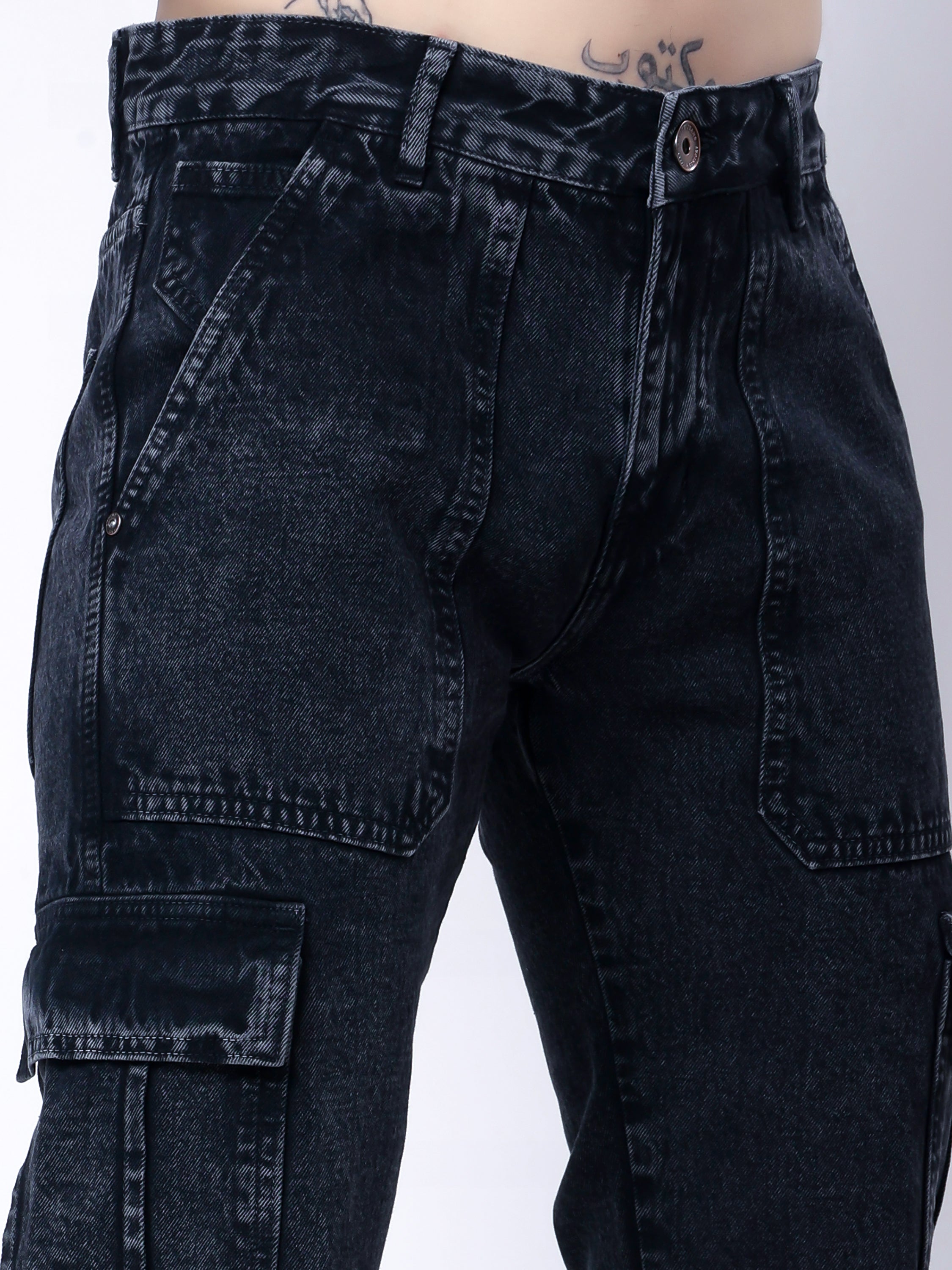 Stylox Men’s Comfort Fit Non-Stretch Cargo Jeans with Multi Pockets-Dark Grey