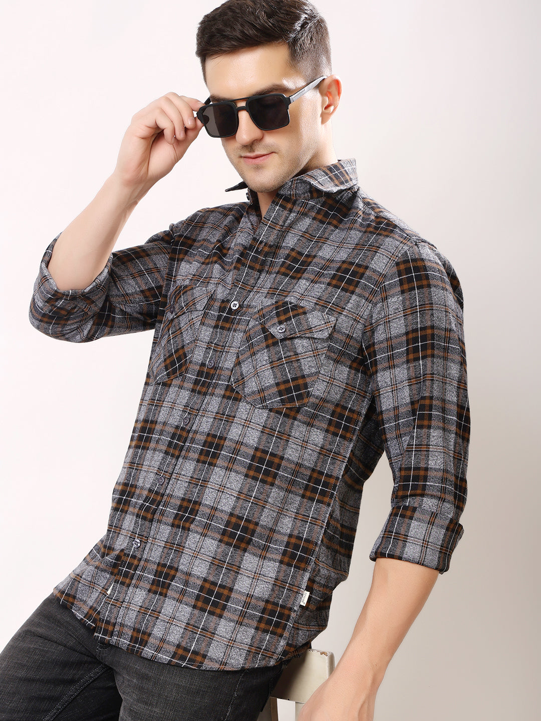 Stylox Men’s Regular Fit Full Sleeve Check Shirt with Double Flap Pockets | Cotton Casual Checkered Shirt