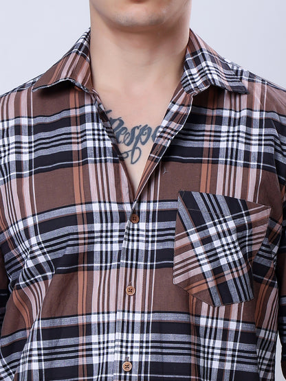 Stylox Men’s Regular Fit Full Sleeve Casual Check Shirt–Brown &amp; Black - Stylox